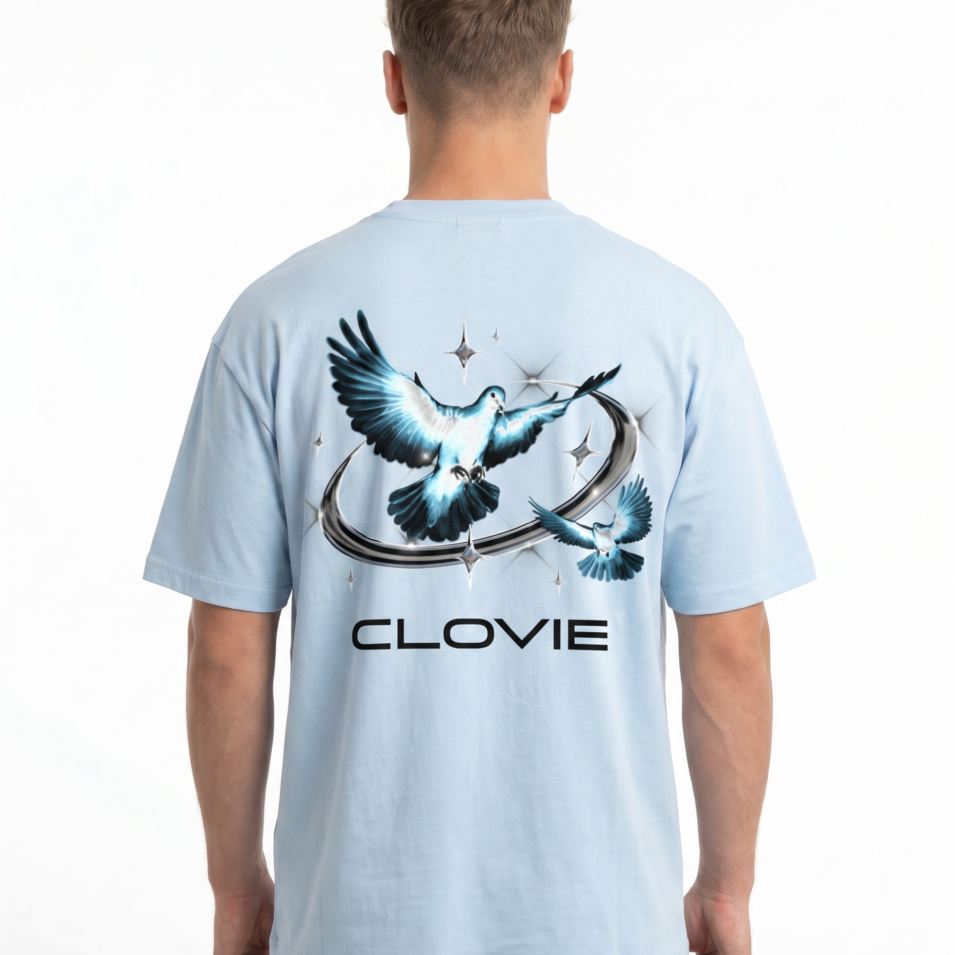Bird universum Oversized Tee Babyblau Rueckansicht - CLOVIE Streetwear
