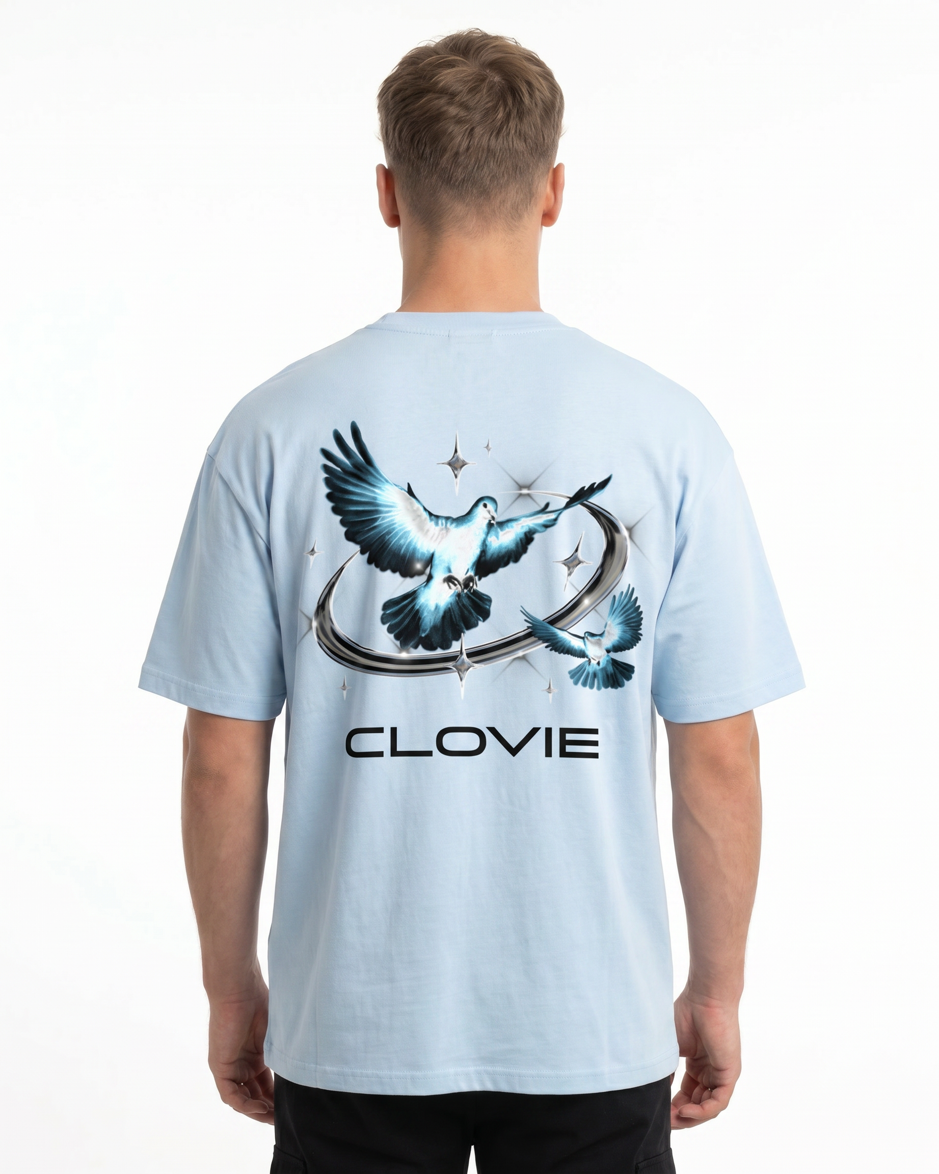 Bird universum Oversized Tee Babyblau Rueckansicht - CLOVIE Streetwear