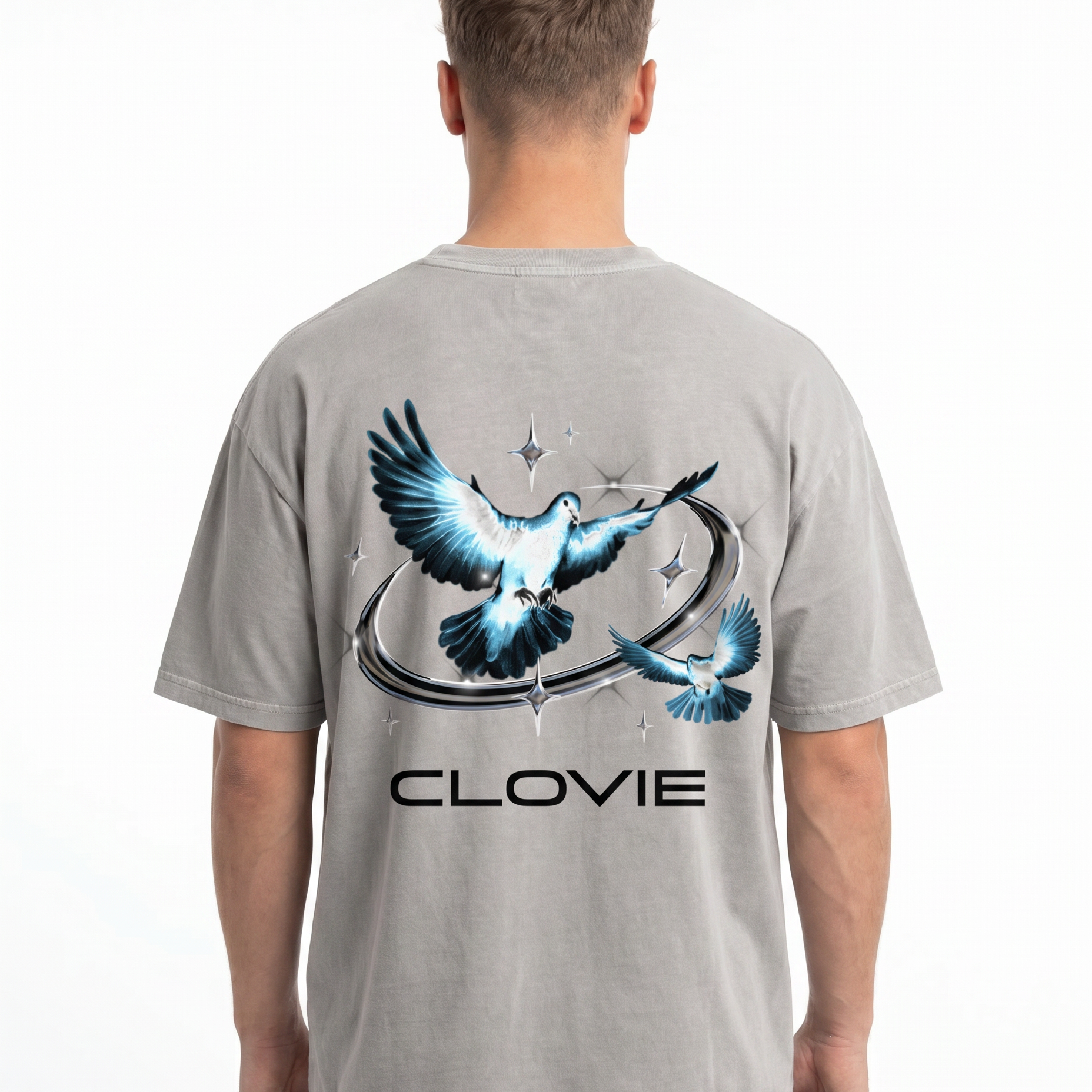 Bird universum Oversized Tee Washed Grey Rueckansicht - CLOVIE Streetwear