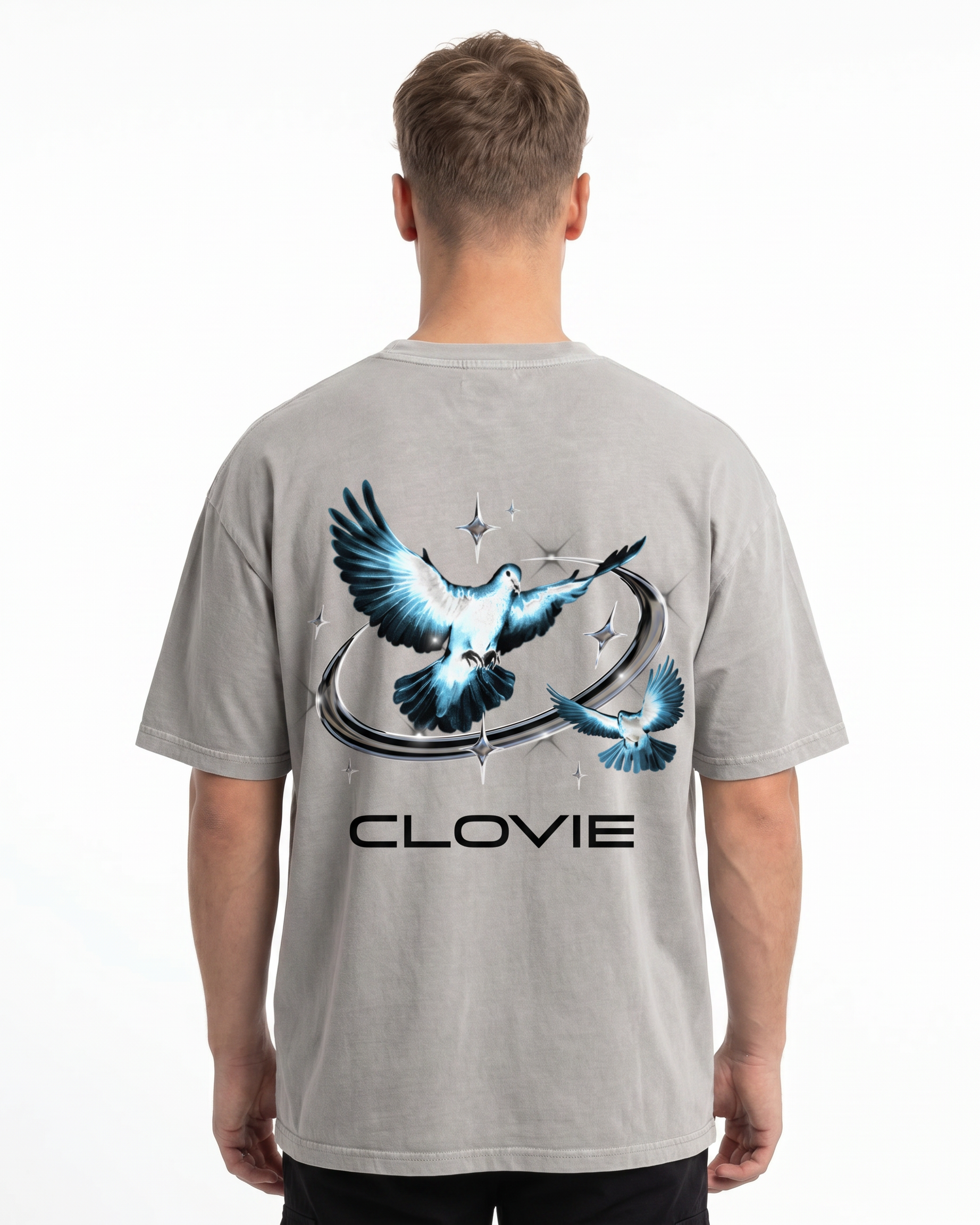 Bird universum Oversized Tee Washed Grey Rueckansicht - CLOVIE Streetwear