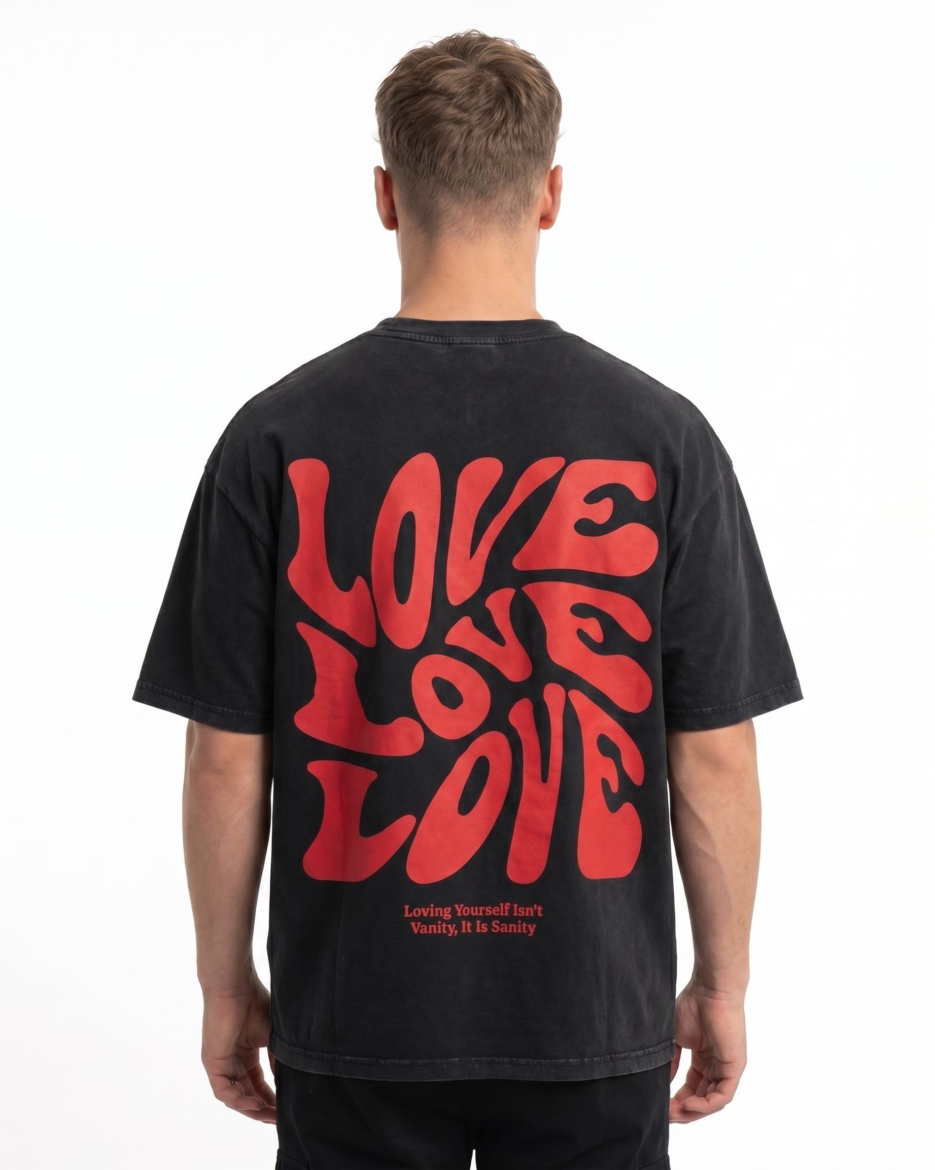 Loving yourself washed Oversized Tee Black Rueckansicht - CLOVIE Streetwear