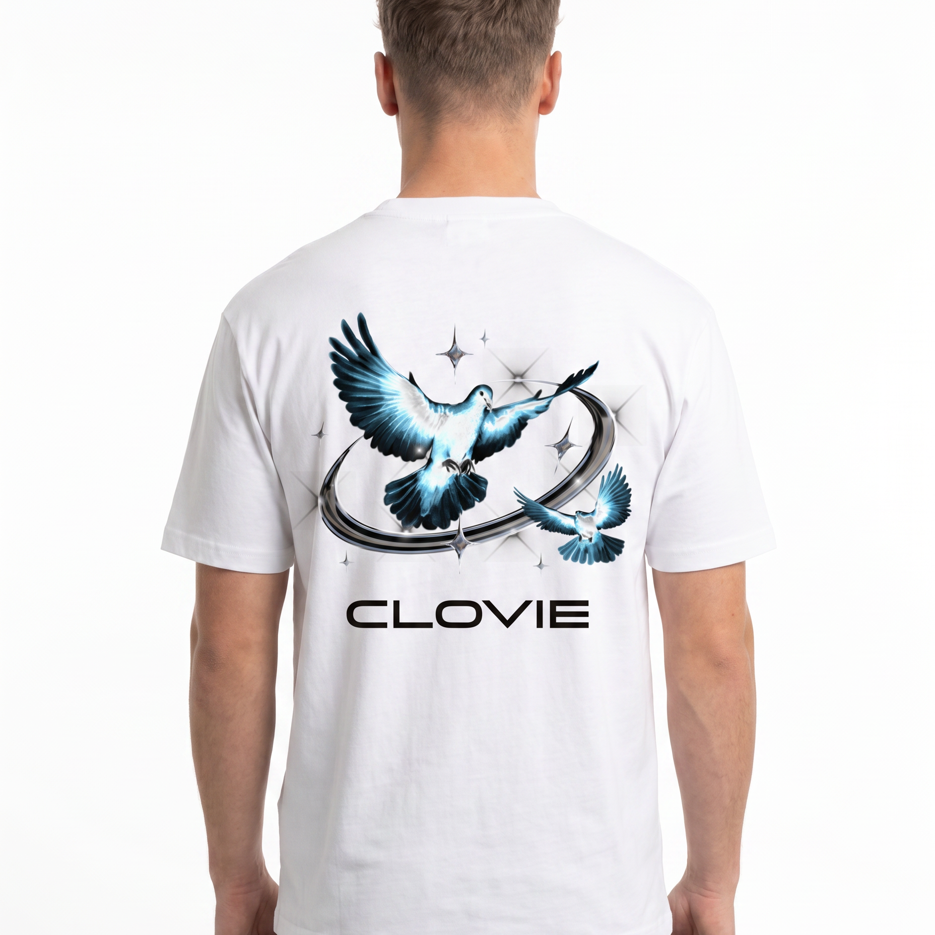 Bird universum Standard Tee Weiss Rueckansicht - CLOVIE Streetwear