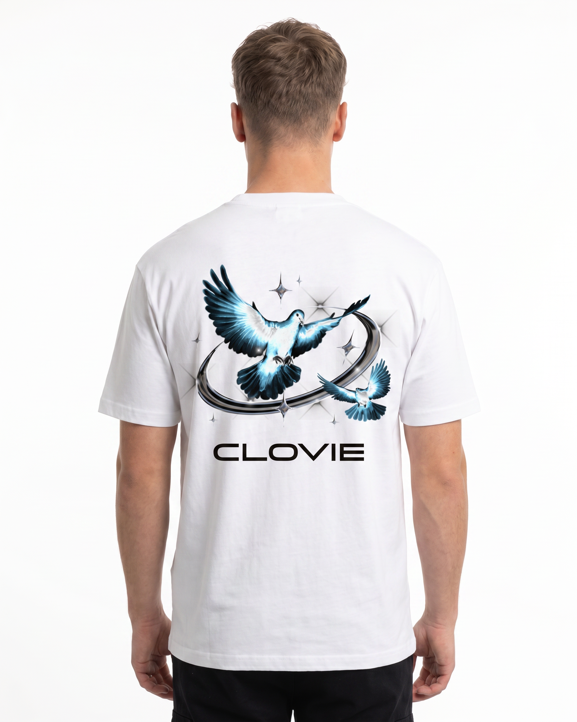 Bird universum Standard Tee Weiss Rueckansicht - CLOVIE Streetwear