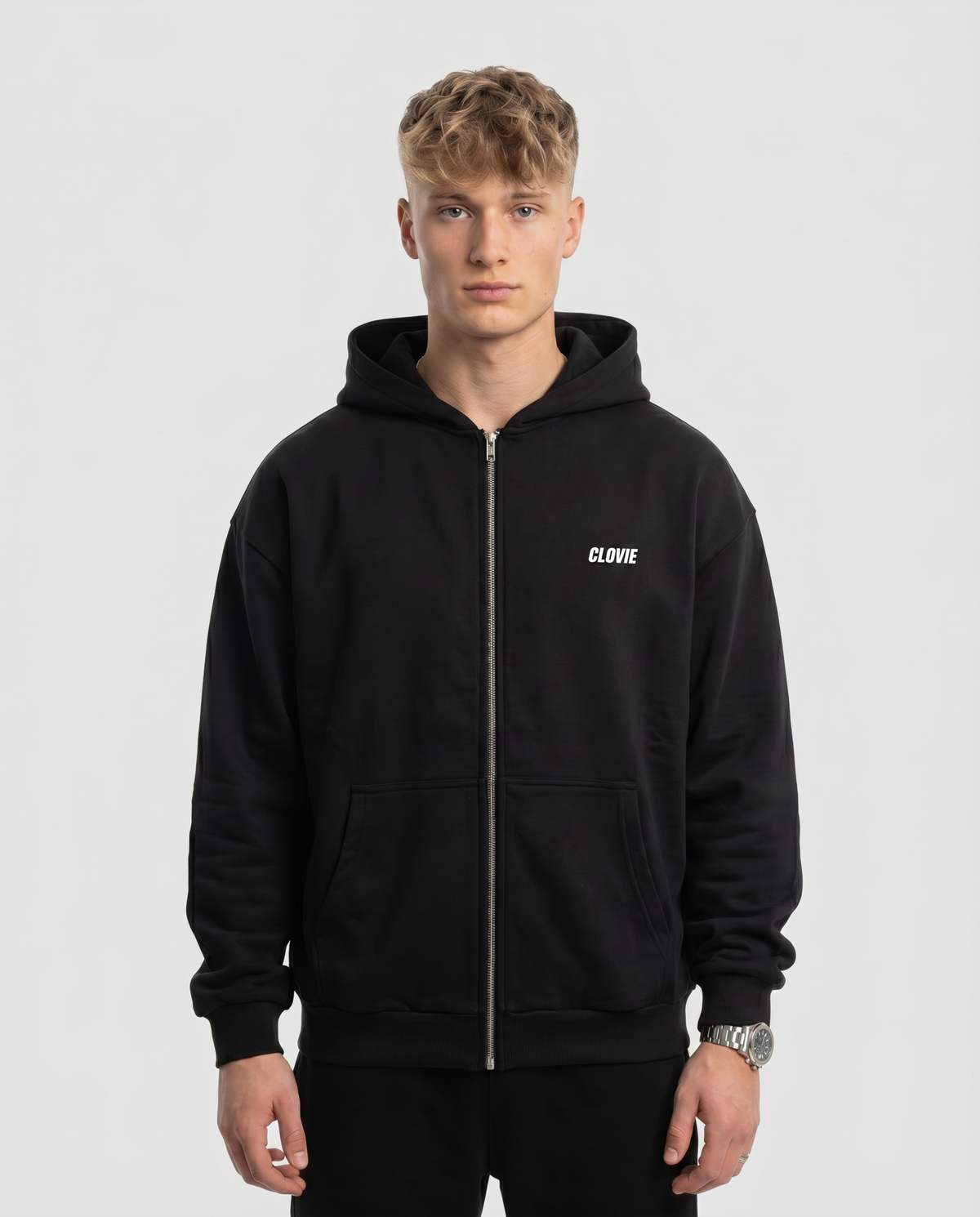 Porsche 911 GT3 Oversized Zip Hoodie Black - model front CLOVIE (reuse OVS Zip library)
