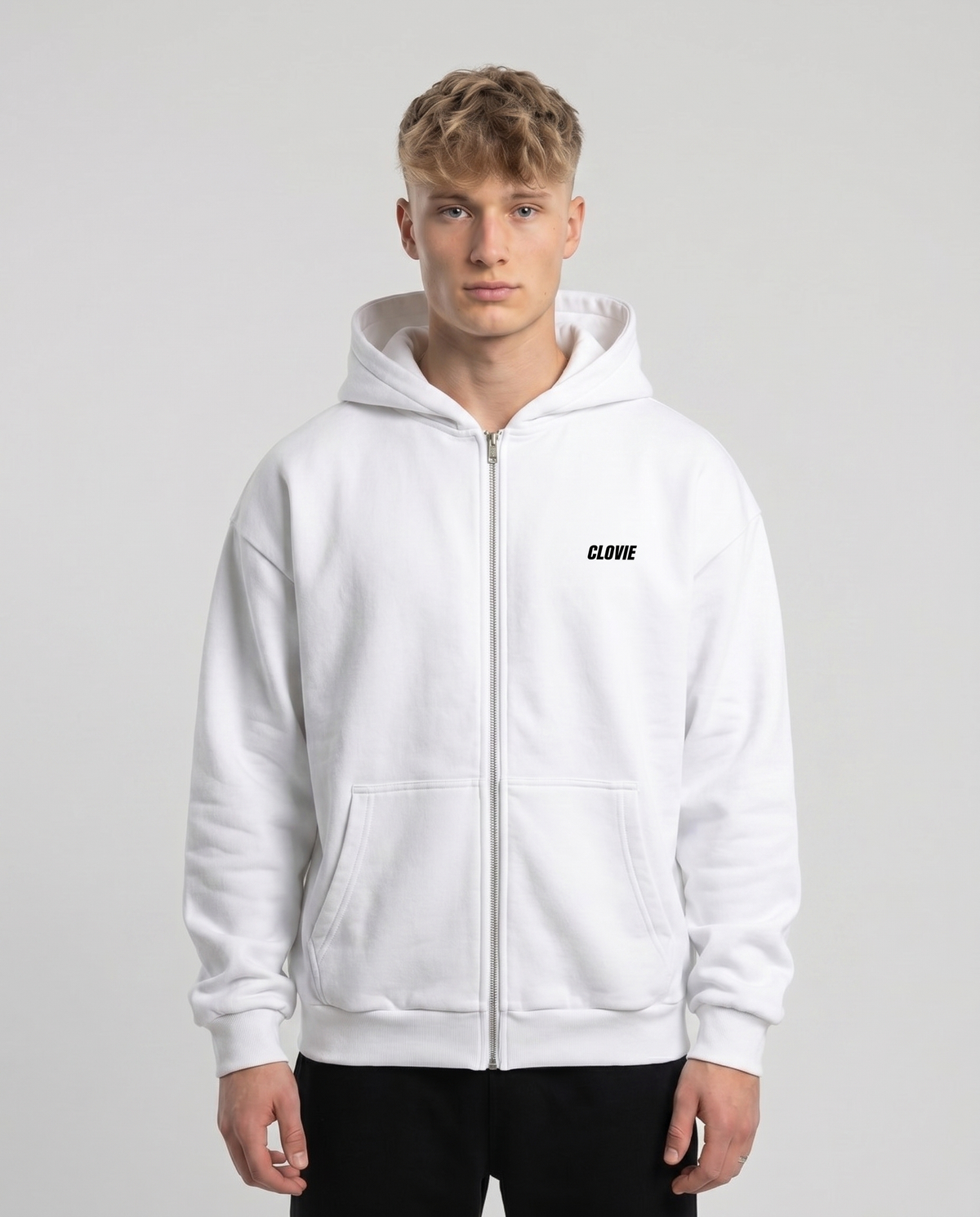 Porsche 911 GT3 RS Oversized Zip Hoodie White - model front CLOVIE (reuse OVS Zip library)