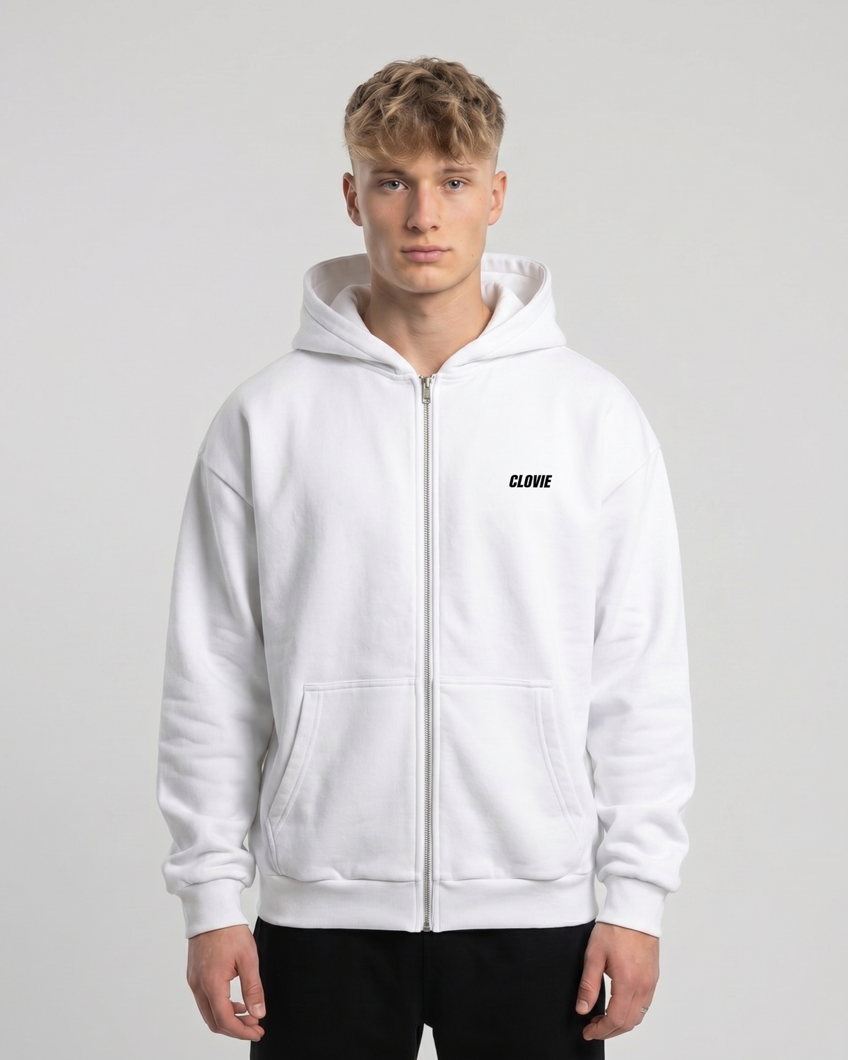 Porsche 911 GT3 Oversized Zip Hoodie White - model front CLOVIE (reuse OVS Zip library)