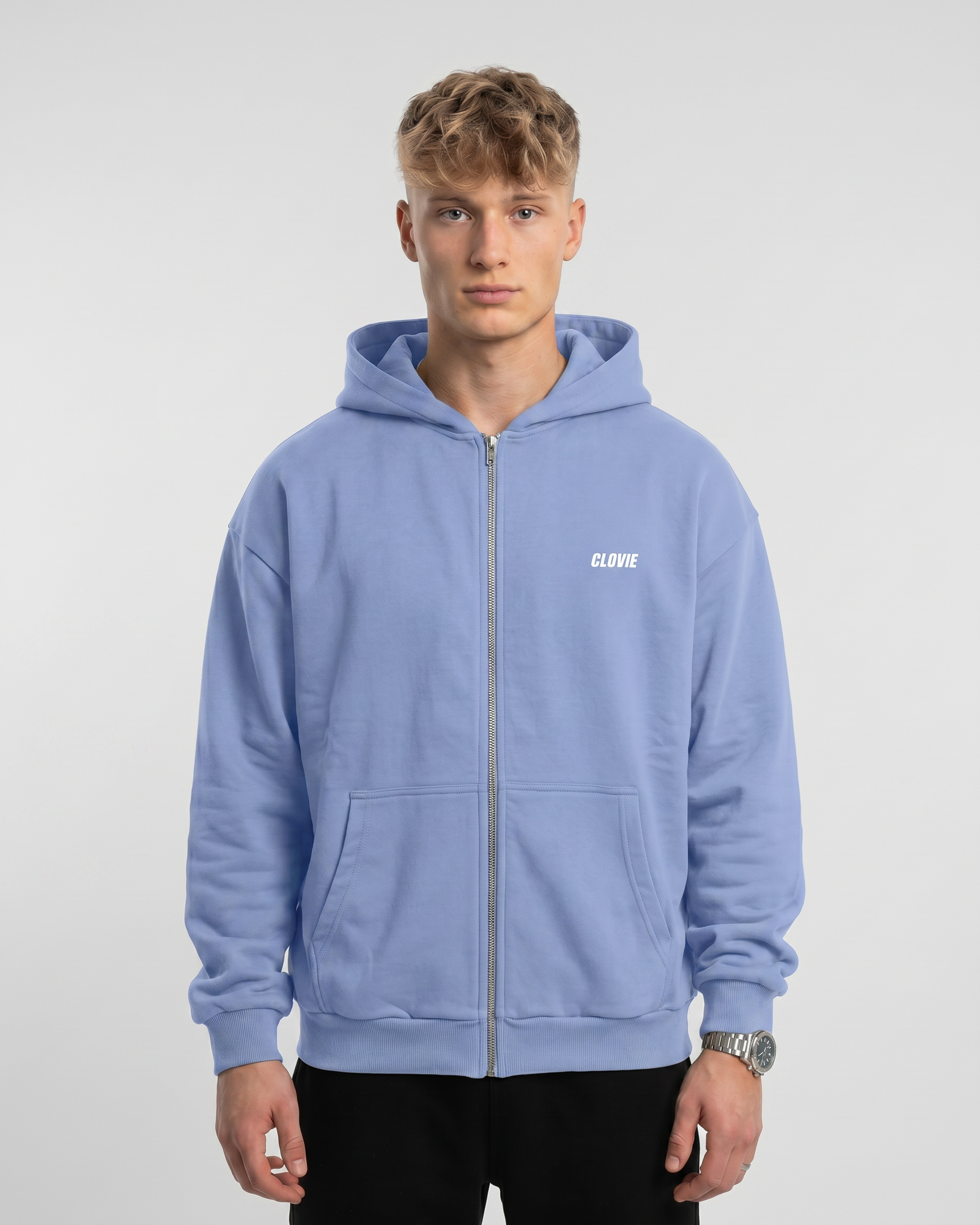 Break her bed not her heart OVS Zip Powder Blue - model front CLOVIE (reuse OVS-Zip library)