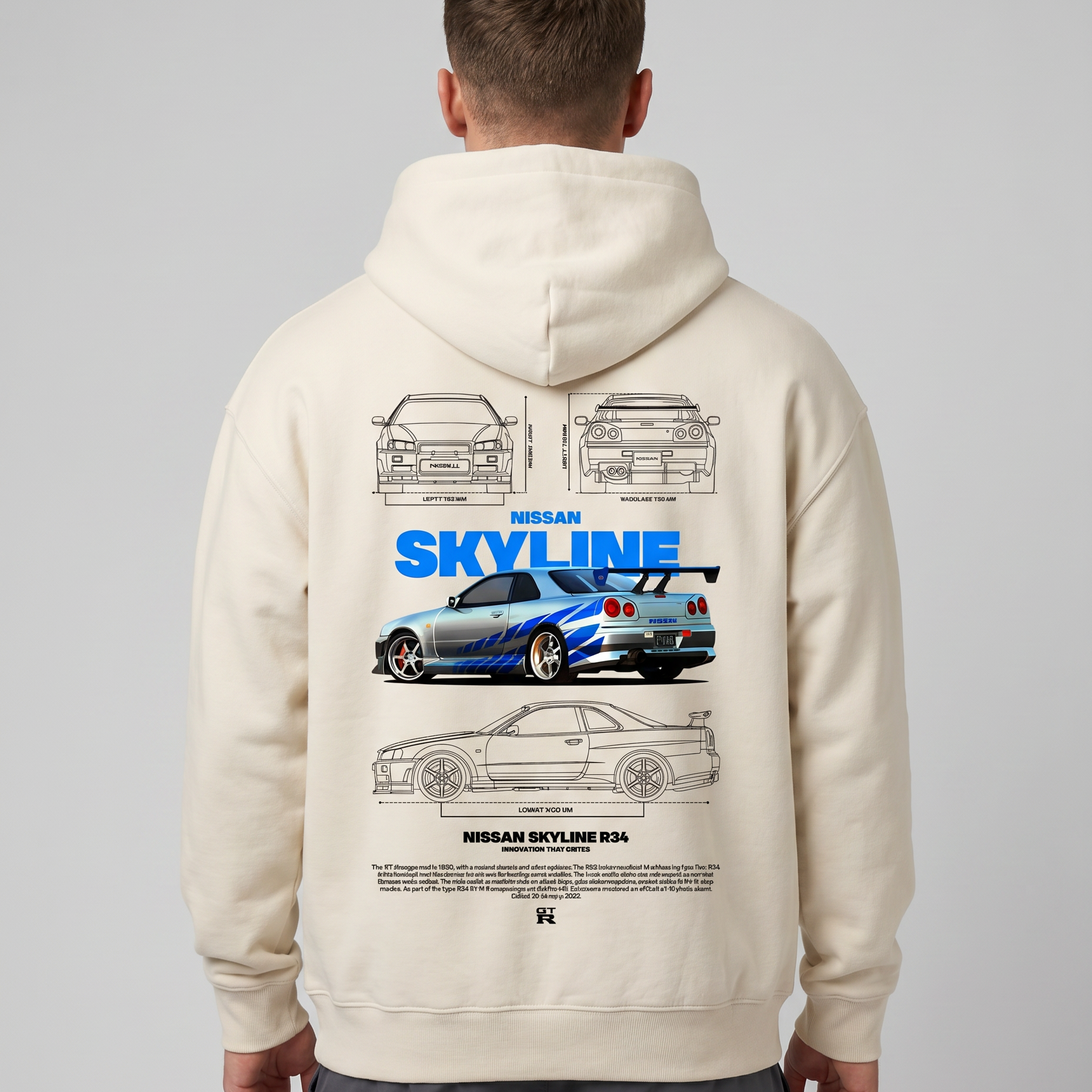 Nissan R34 OVS Hoodie White Sand Back