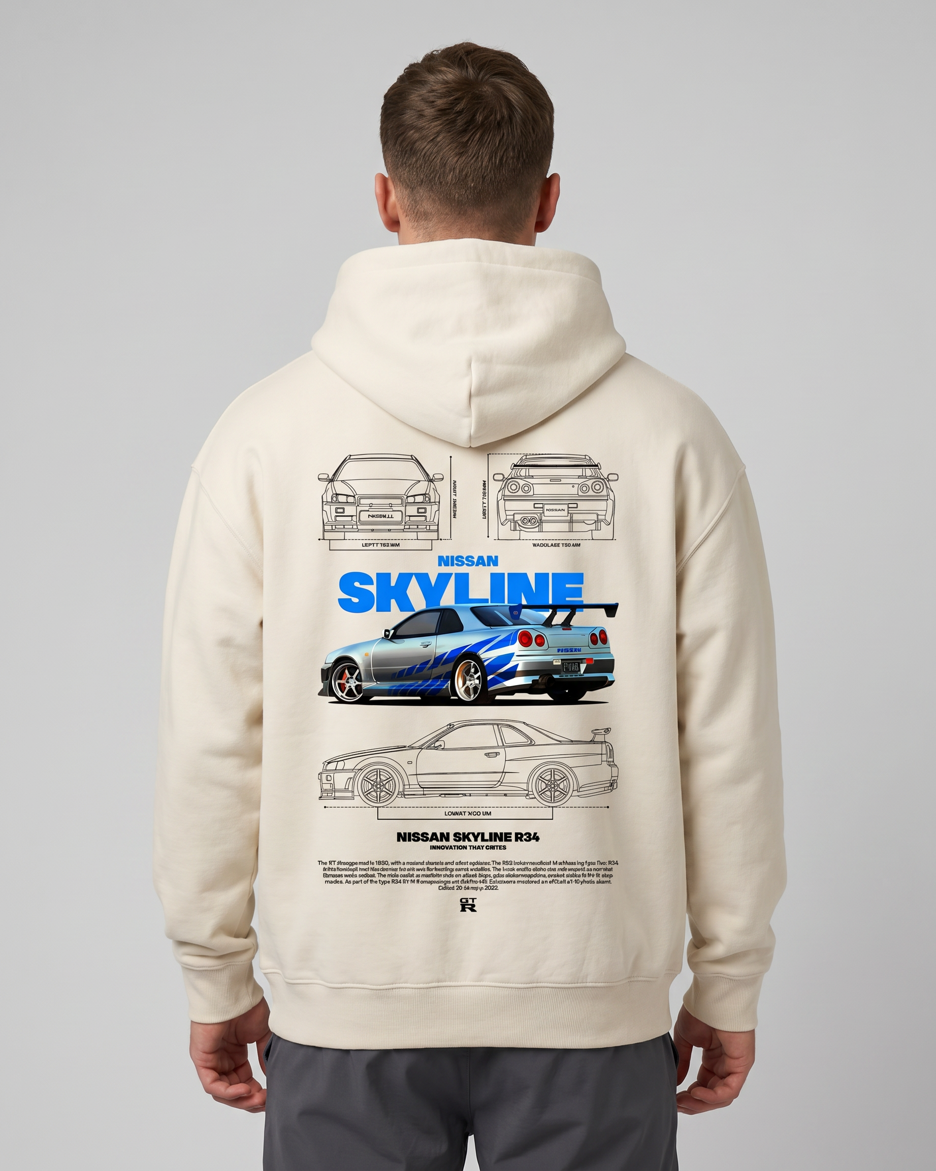 Nissan R34 OVS Hoodie White Sand Back