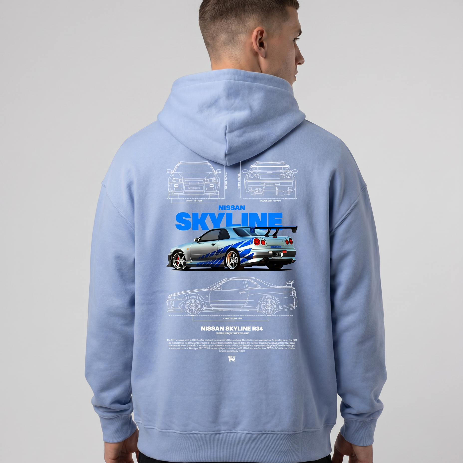 Nissan R34 OVS Hoodie Powder Blue Back