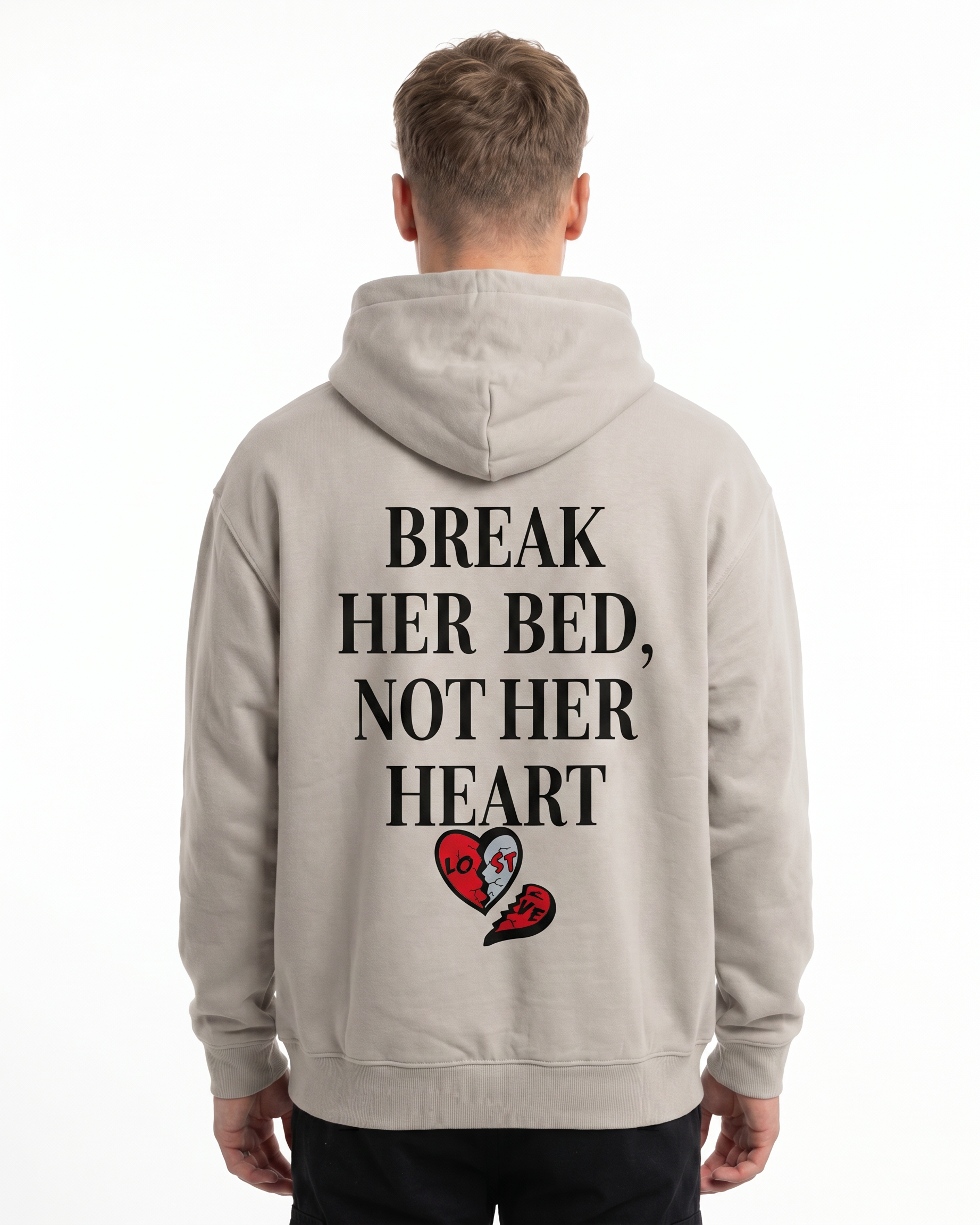 Break her bed not her heart OVS Hoodie Light Asphalt - model back print (restored hf_27.05)