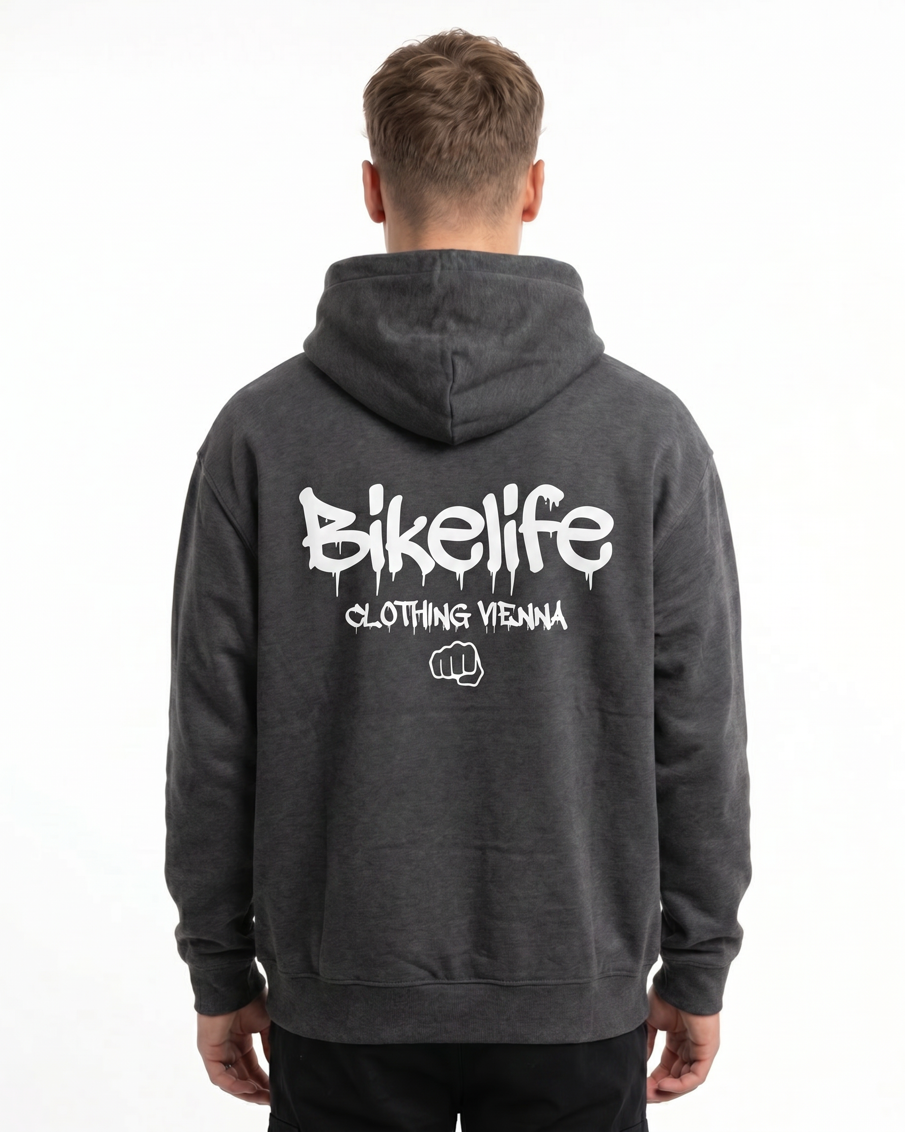Bikelife Hoodie Charcoal Heather - model back print