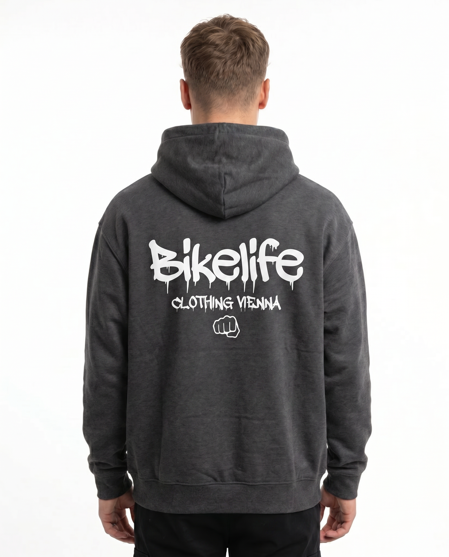 Bikelife Hoodie Charcoal Heather - model back print