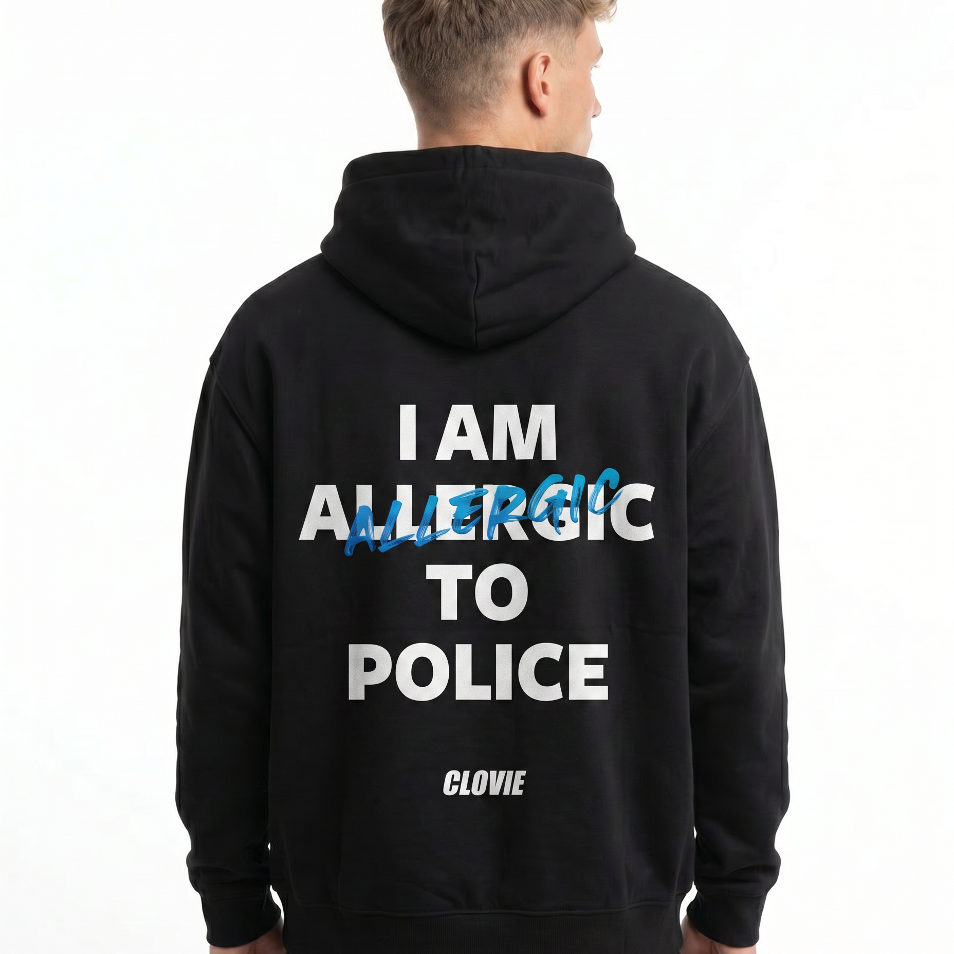 I am allergic to police Hoodie Jet Black - model back print