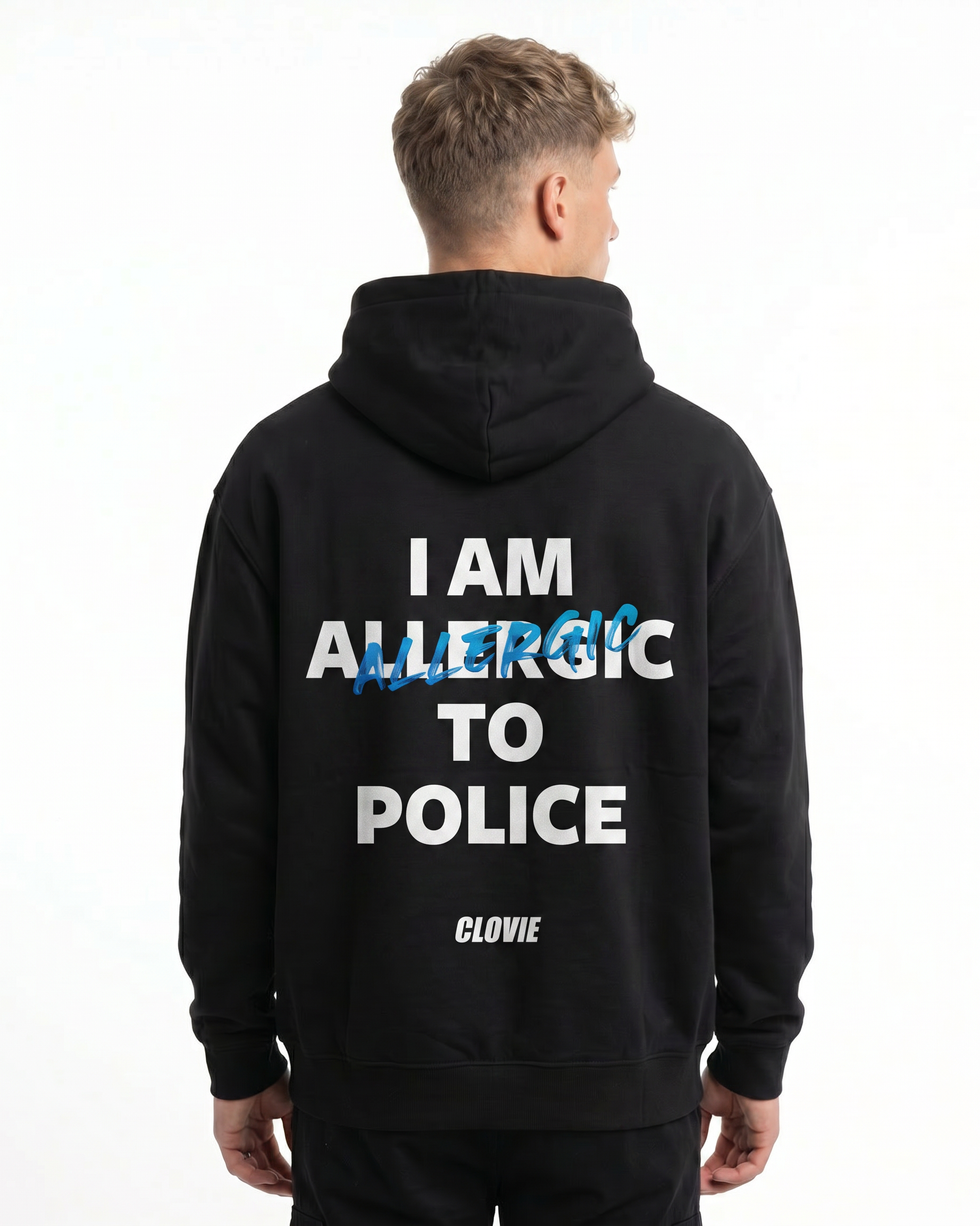 I am allergic to police Hoodie Jet Black - model back print