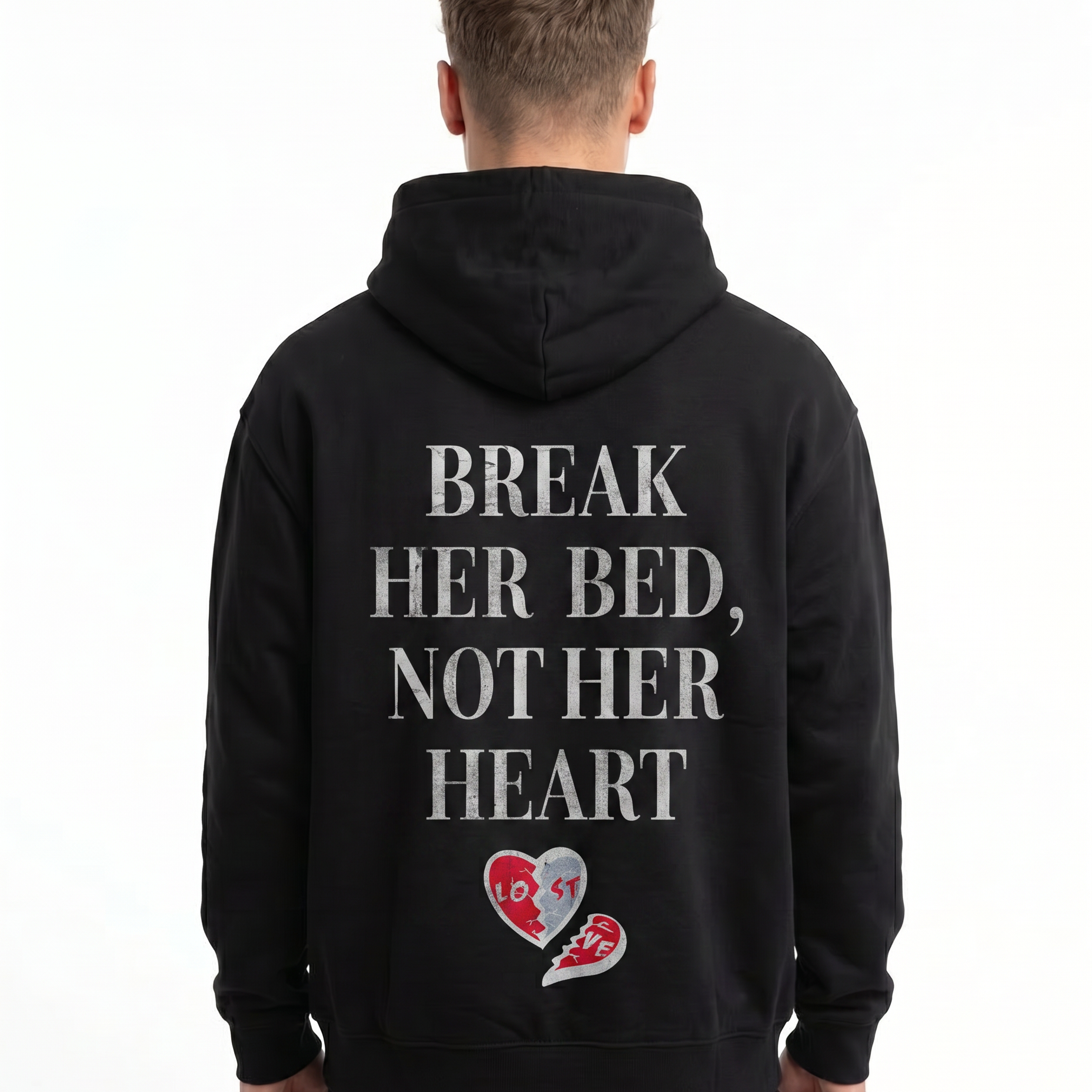 Break her bed not her heart Hoodie Jet Black - model back print