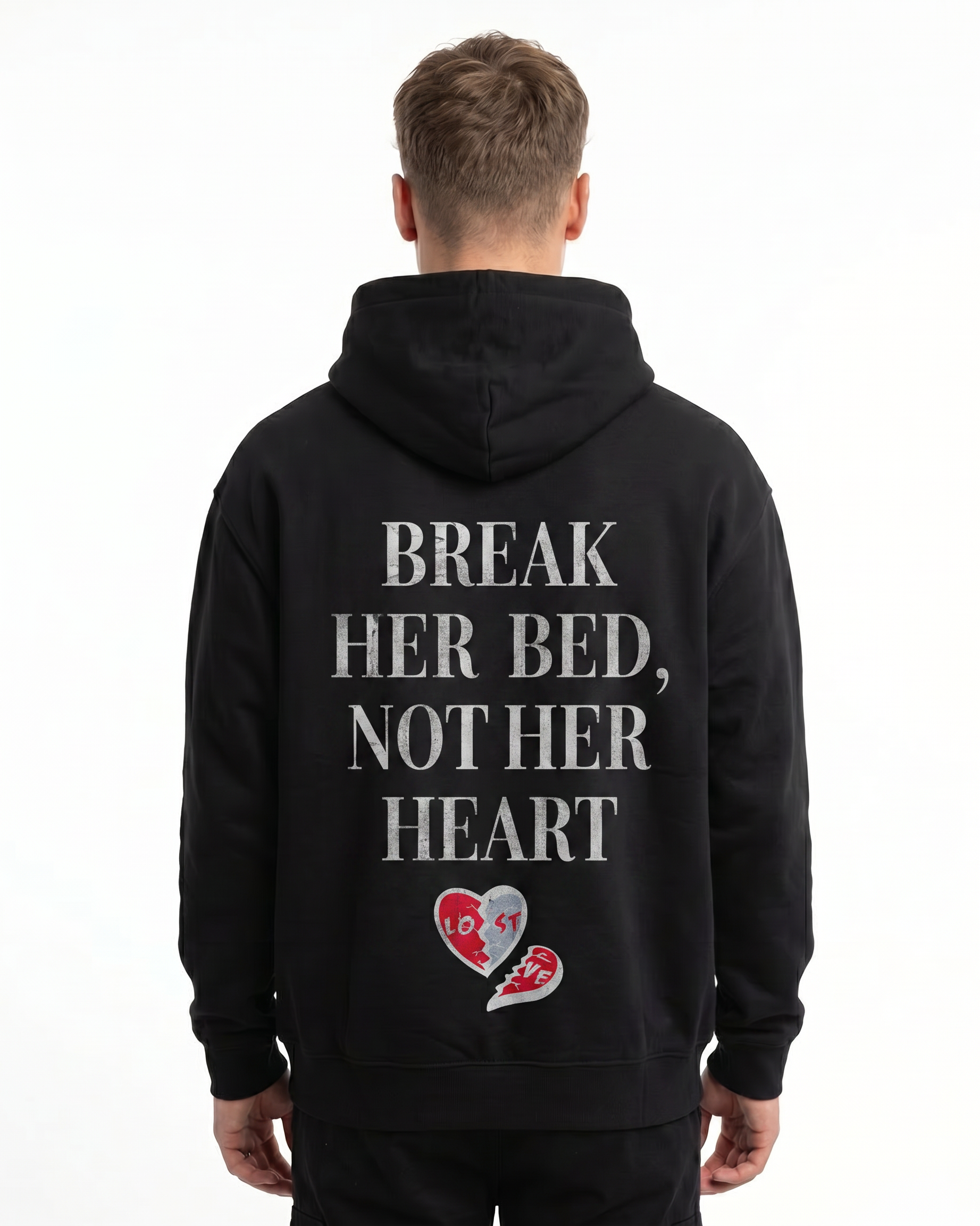 Break her bed not her heart Hoodie Jet Black - model back print