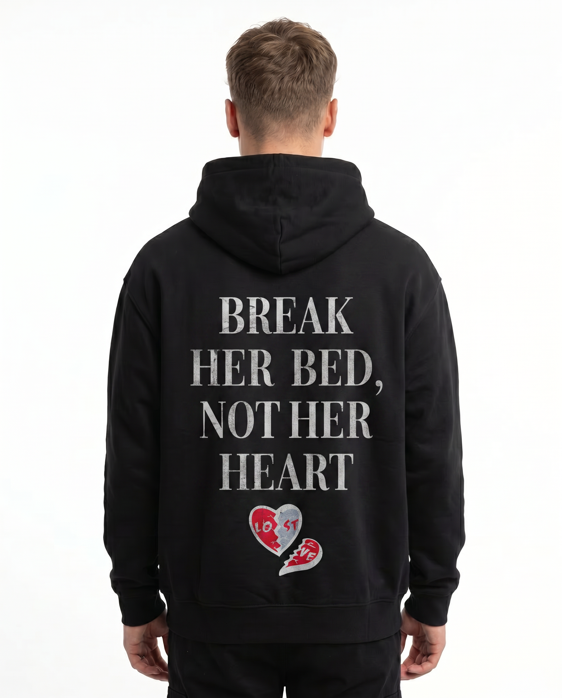 Break her bed not her heart Hoodie Jet Black - model back print