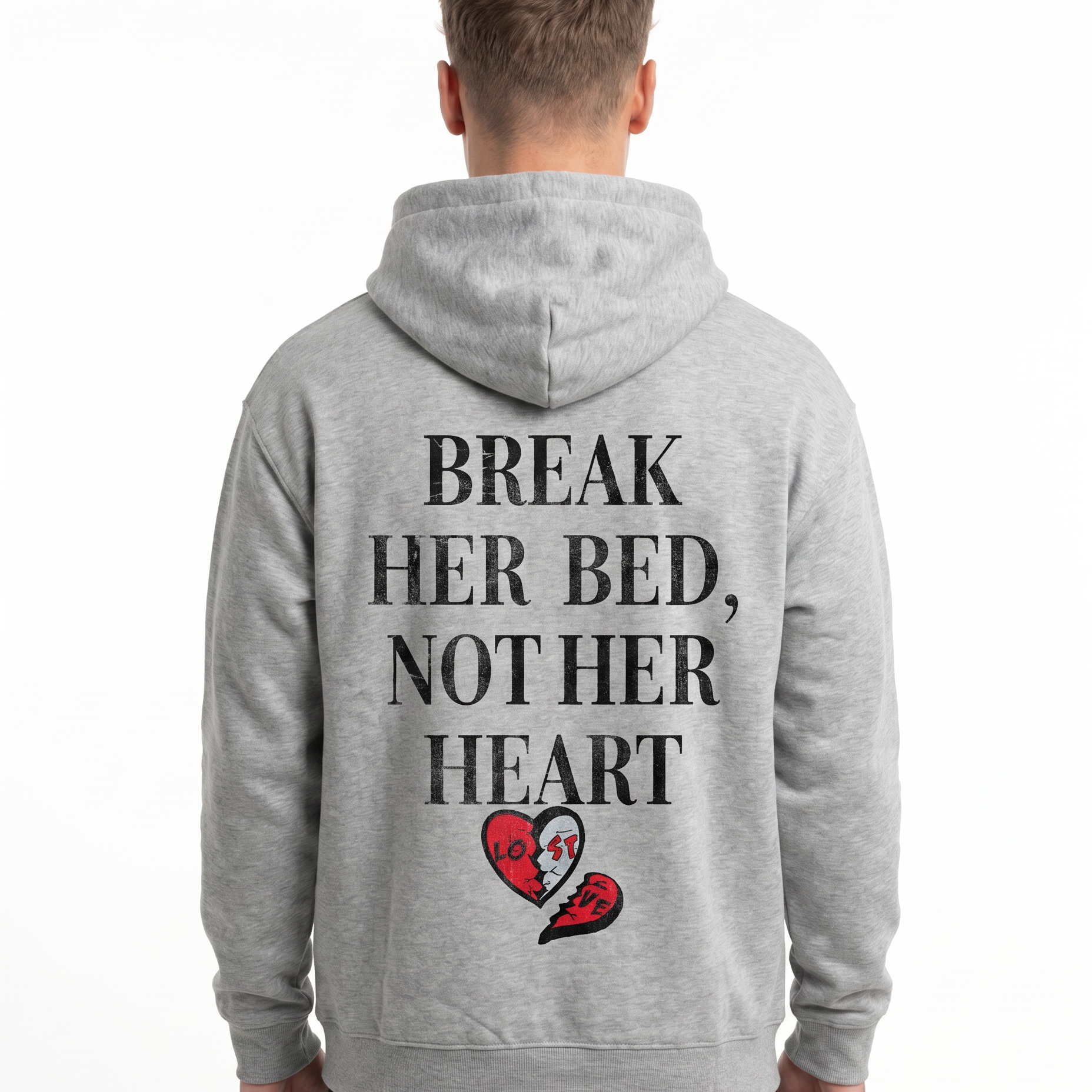 Break her bed not her heart Hoodie Heather Grey - model back print