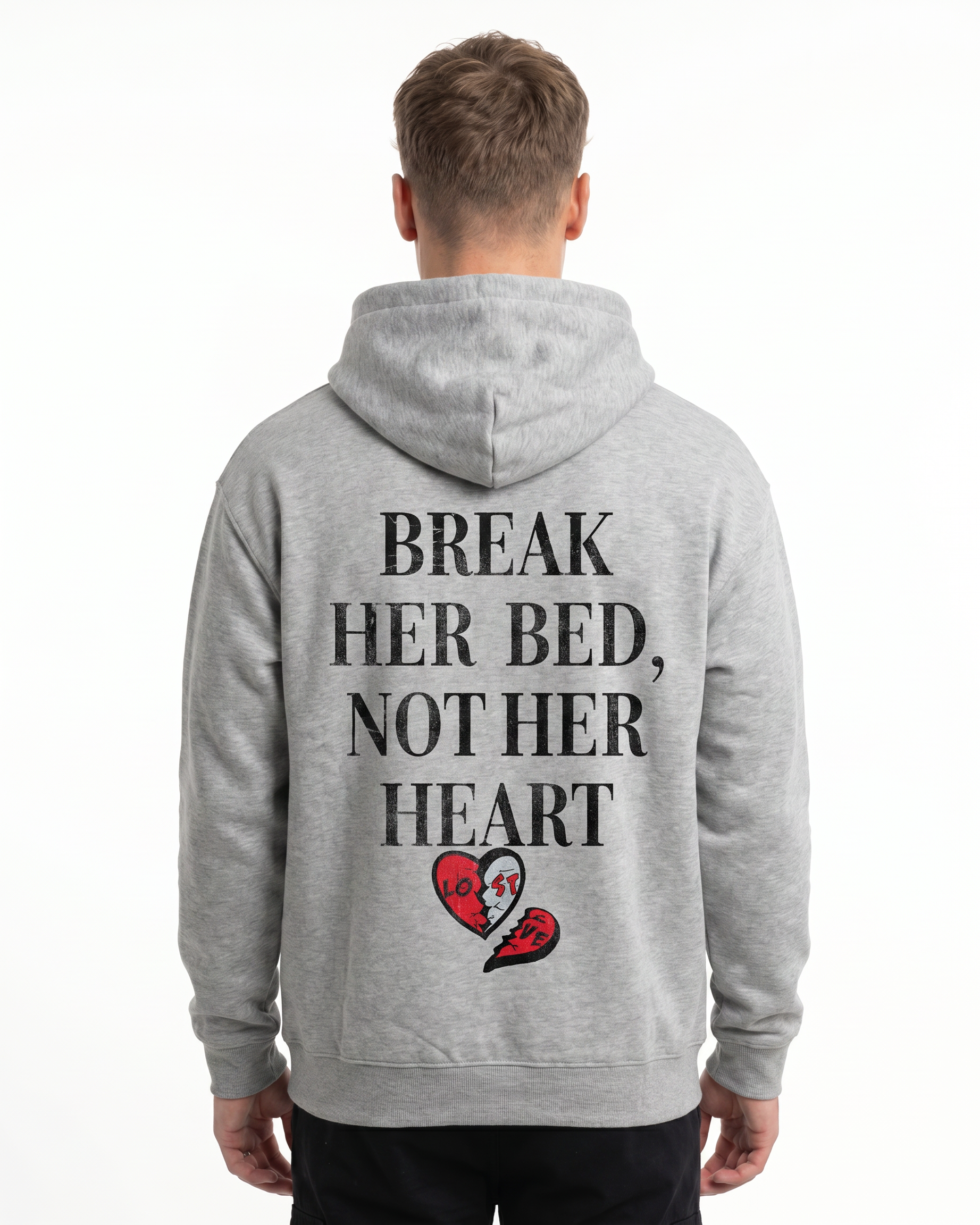 Break her bed not her heart Hoodie Heather Grey - model back print