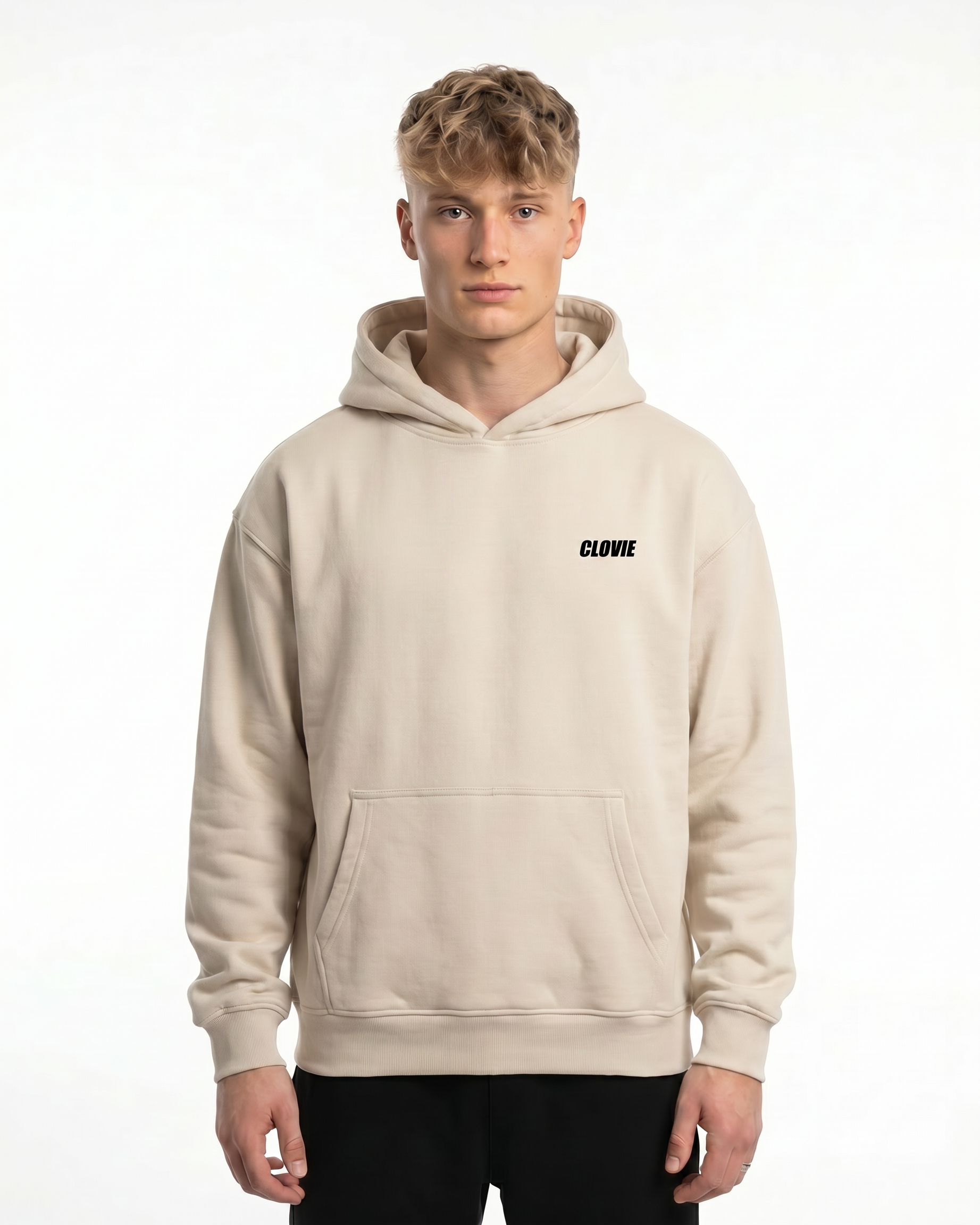 Born to ride OVS Hoodie White Sand - model front (no cord)