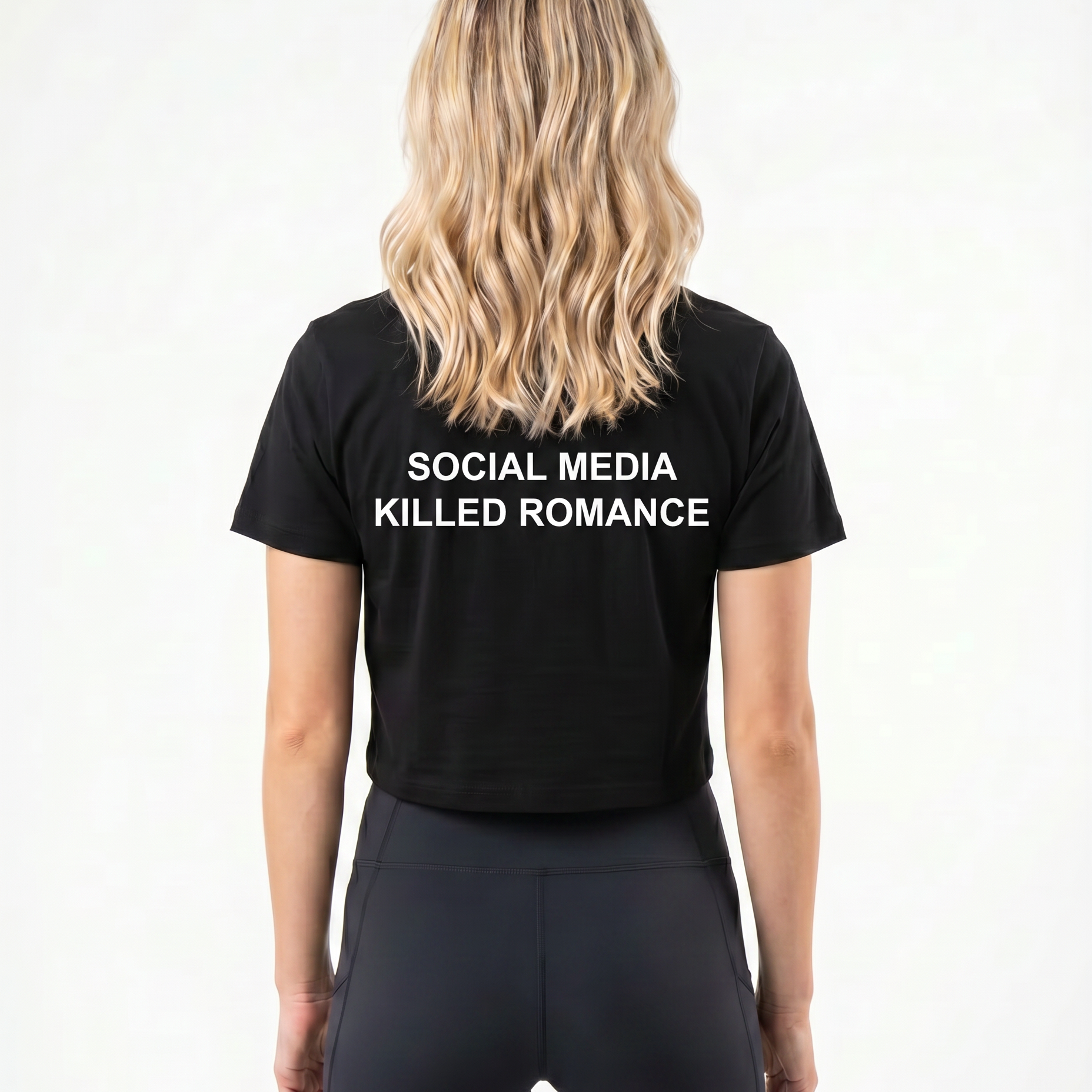 Social media killed romance Cropped Tee Black - female model back print