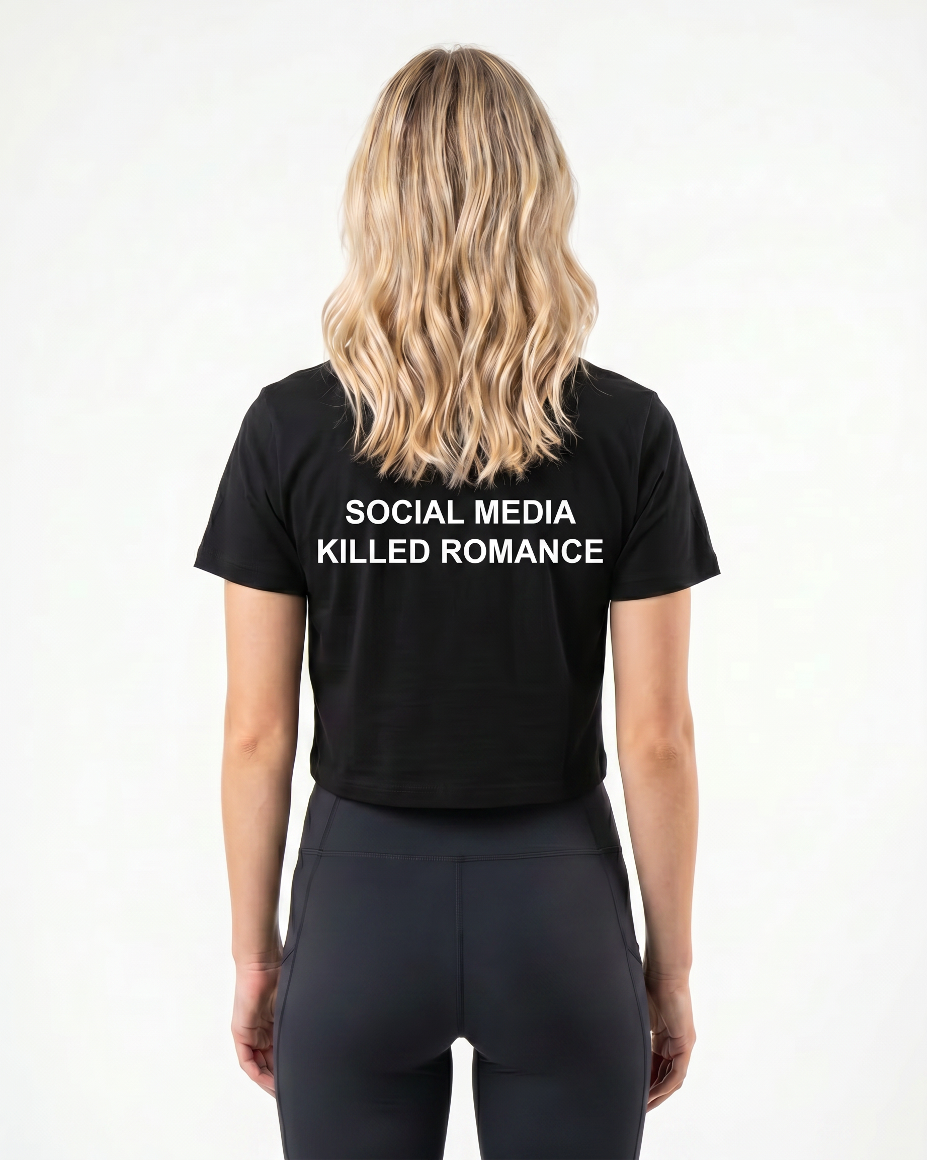 Social media killed romance Cropped Tee Black - female model back print