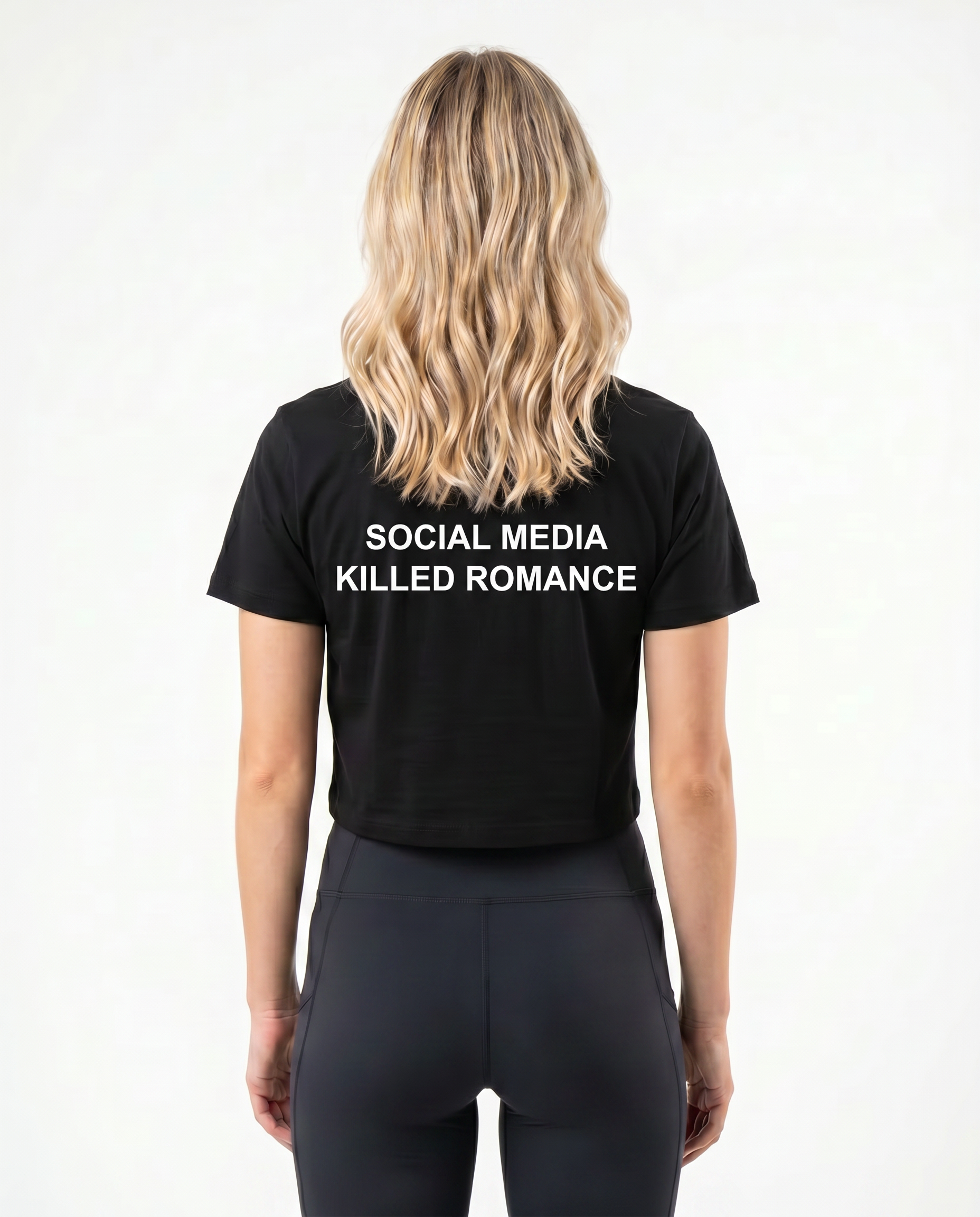 Social media killed romance Cropped Tee Black - female model back print