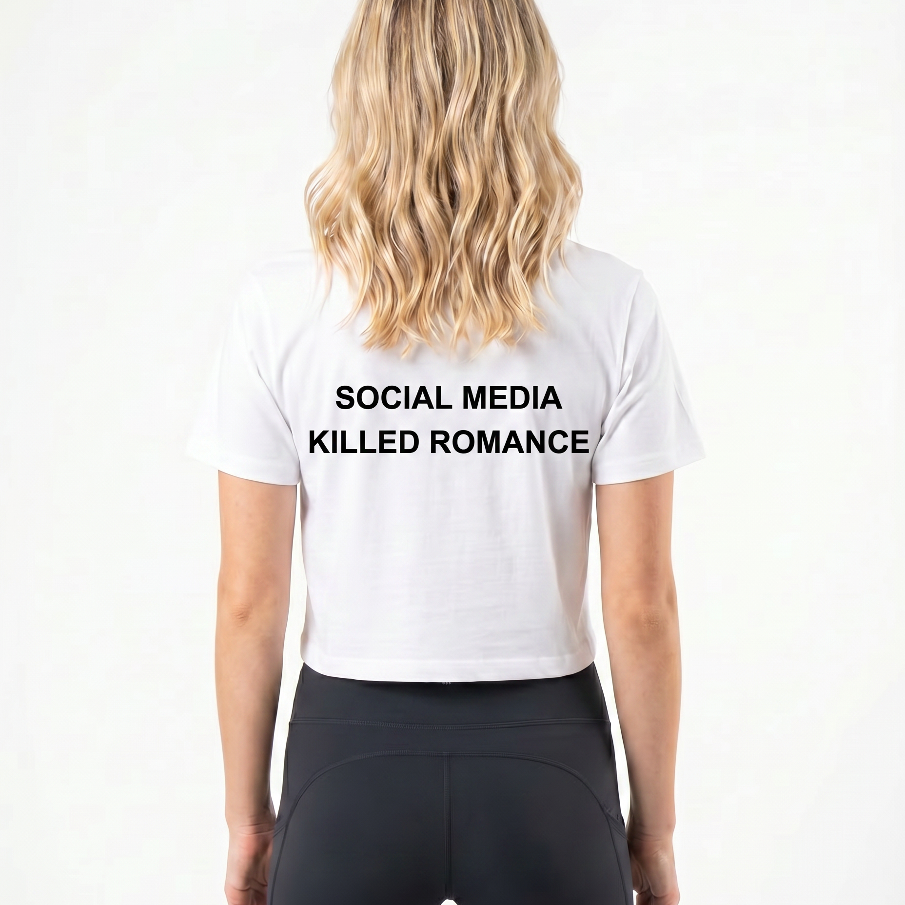 Social media killed romance Cropped Tee White - female model back print
