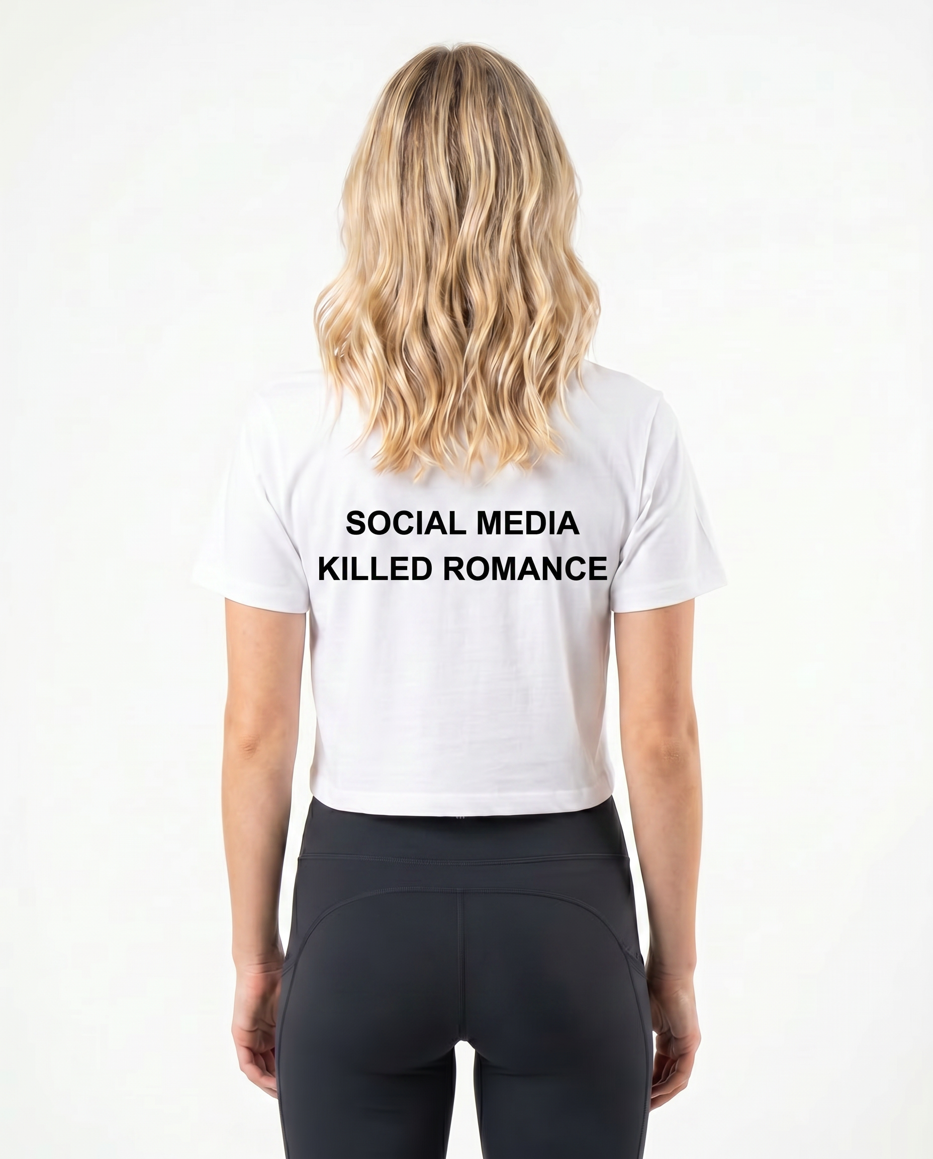 Social media killed romance Cropped Tee White - female model back print