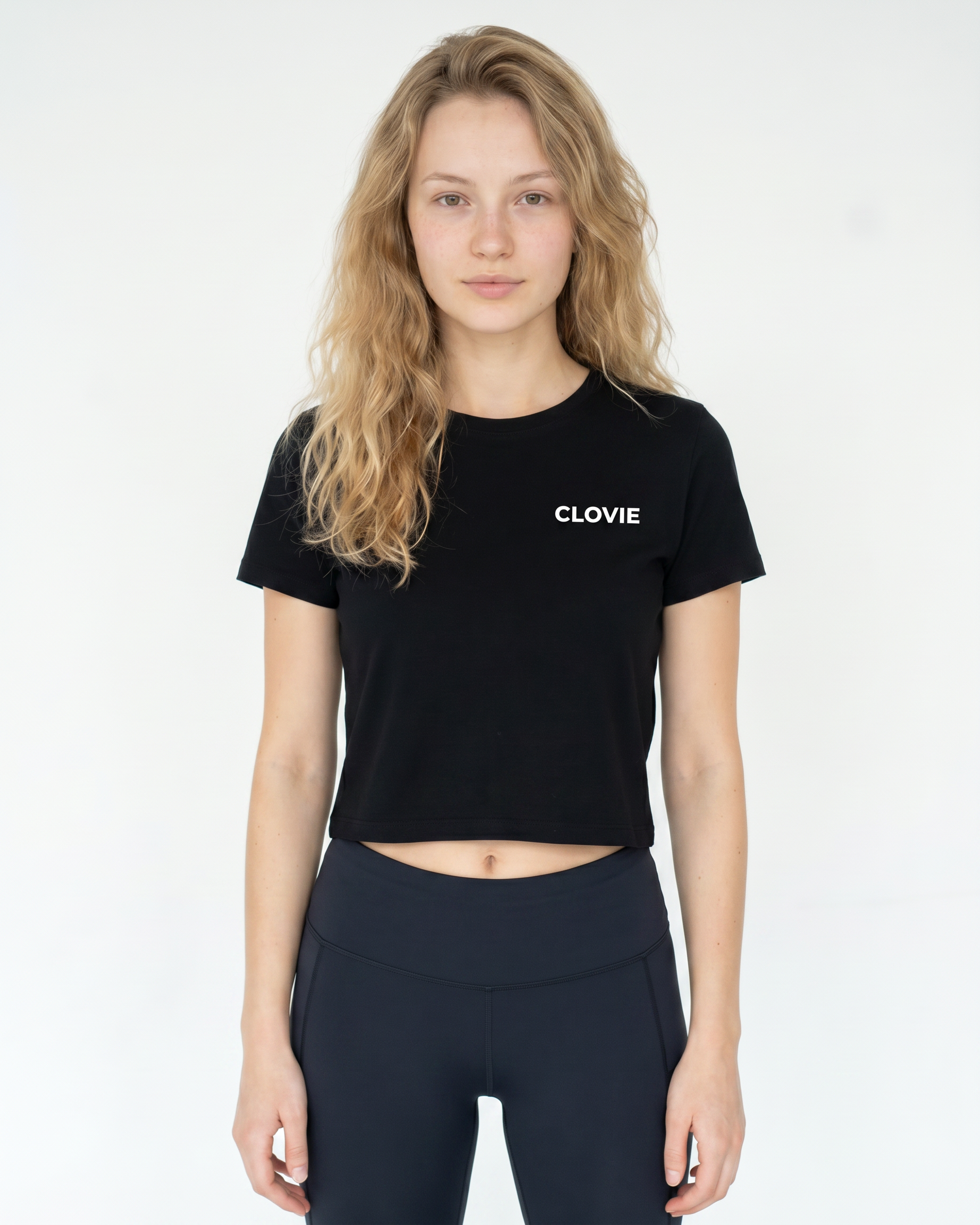 Loyalty Cropped Tee Black - female model front + CLOVIE chest logo