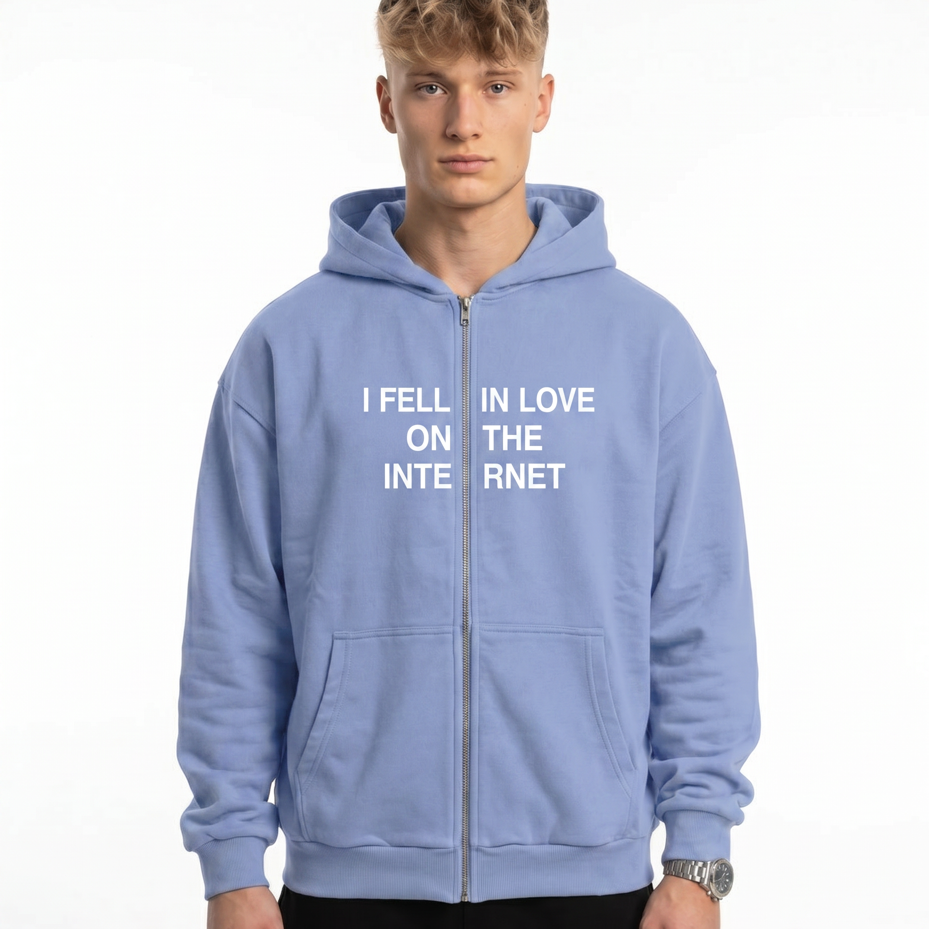 I feel in love on the internet OVS Zip Powder Blue - model front print