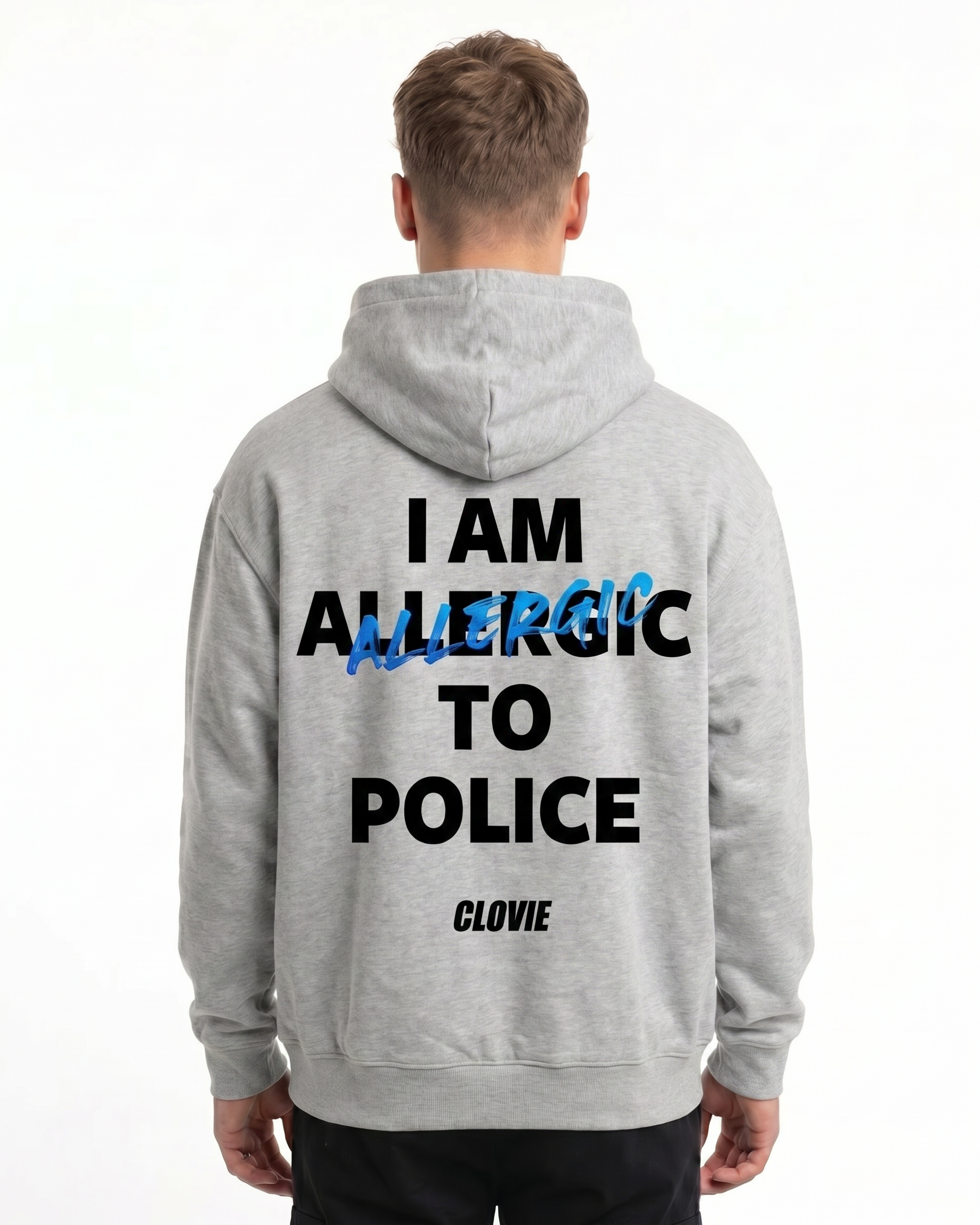 I am allergic to police OVS Hoodie Light Asphalt - model back print