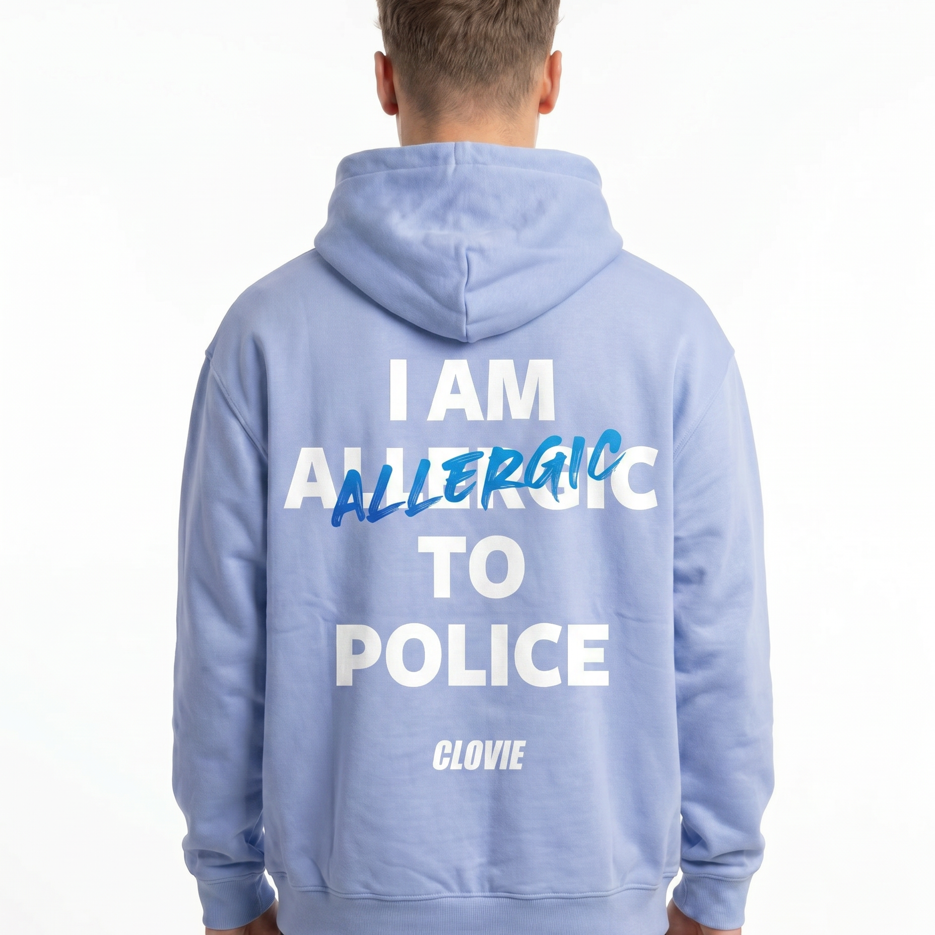 I am allergic to police OVS Zip Powder Blue - model back print (white text + blue ALL)