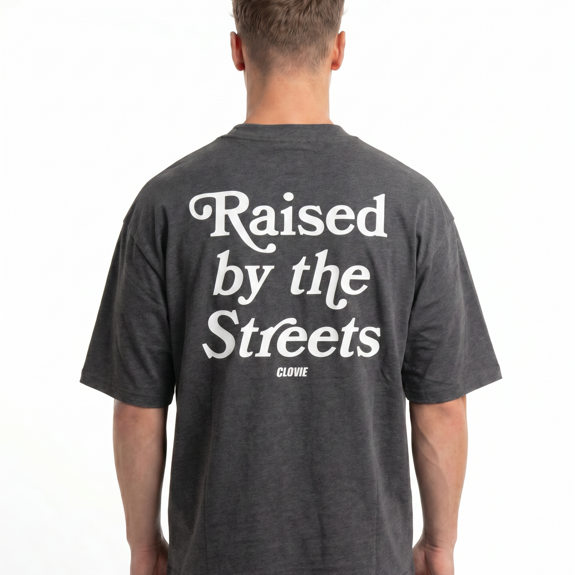 Raised by the streets OVS Tee Charcoal - model back print (new edit-render aus Black-Back)