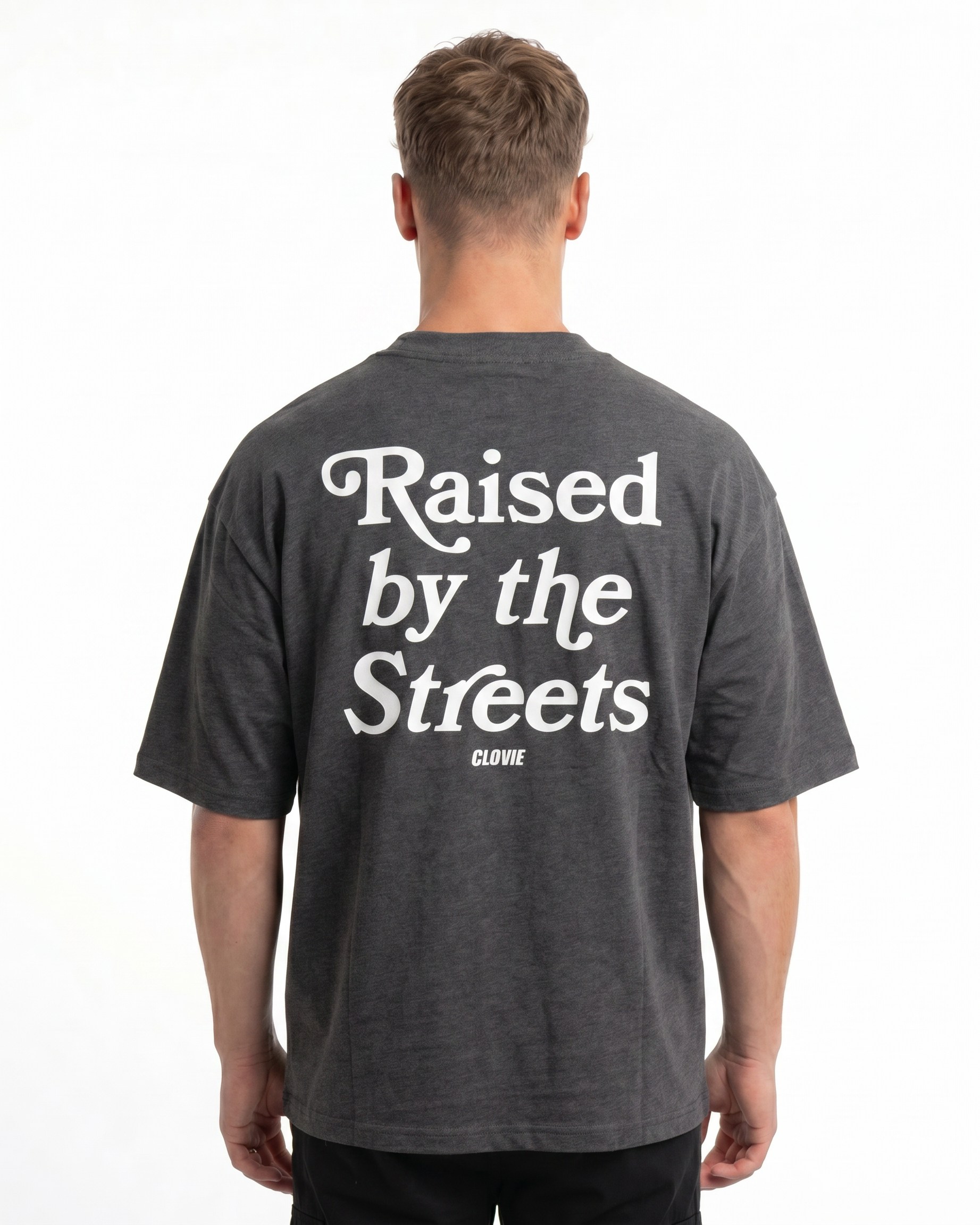 Raised by the streets OVS Tee Charcoal - model back print (new edit-render aus Black-Back)