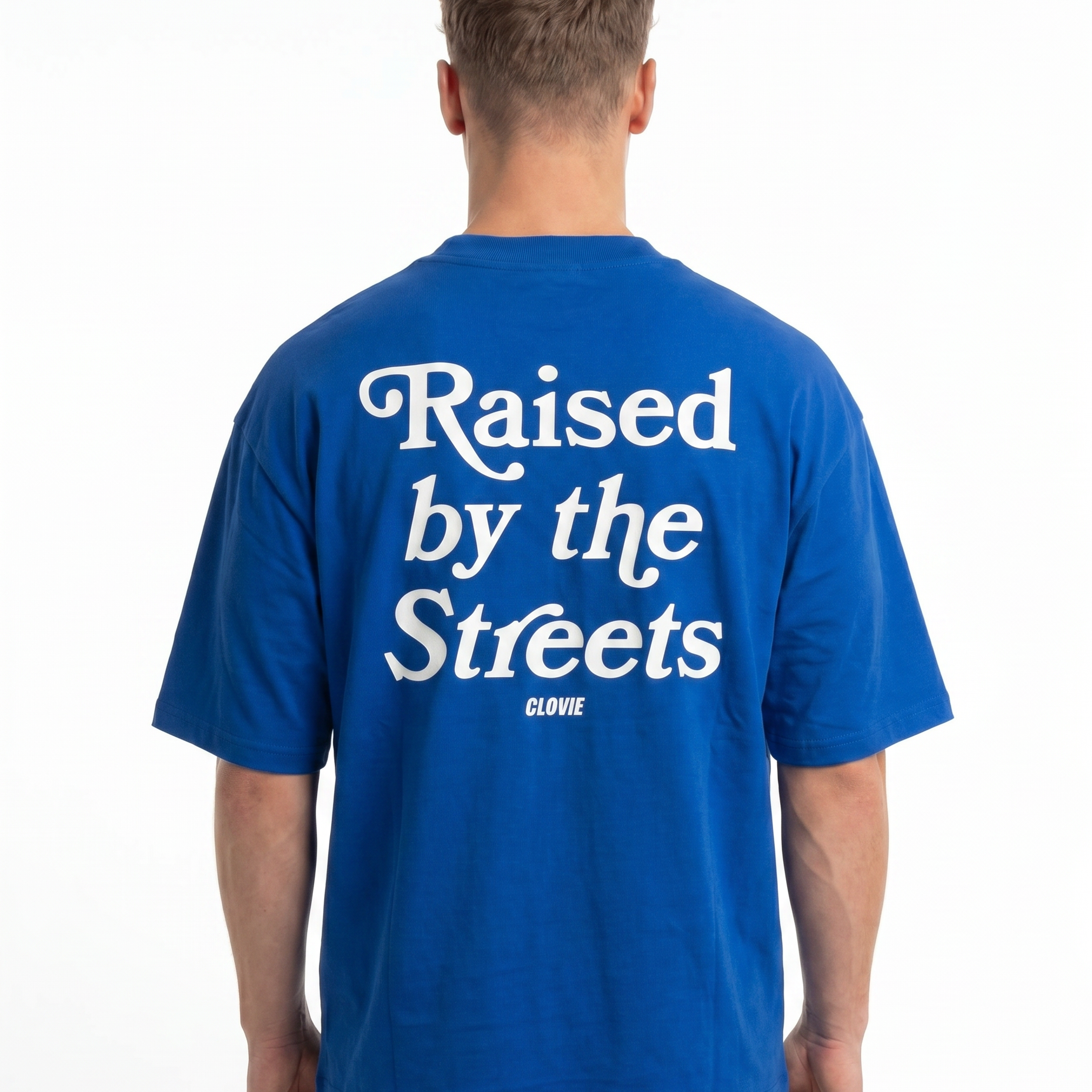 Raised by the streets OVS Tee Cobalt Blue - model back print (new edit-render aus Black-Back)