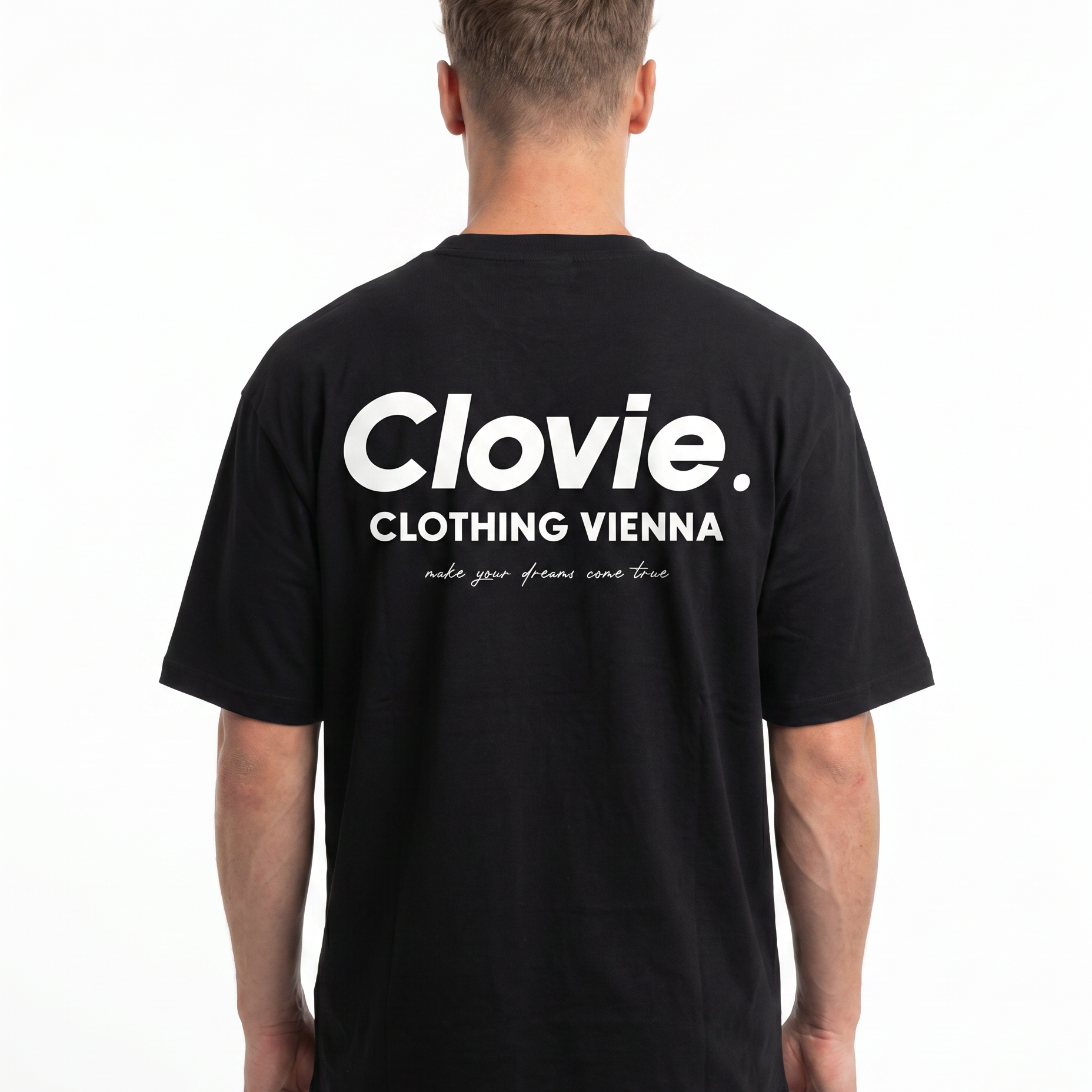 Make your dreams come true OVS Tee Black - model back print (v4 - print position raised per Daniel 2026-06-21)