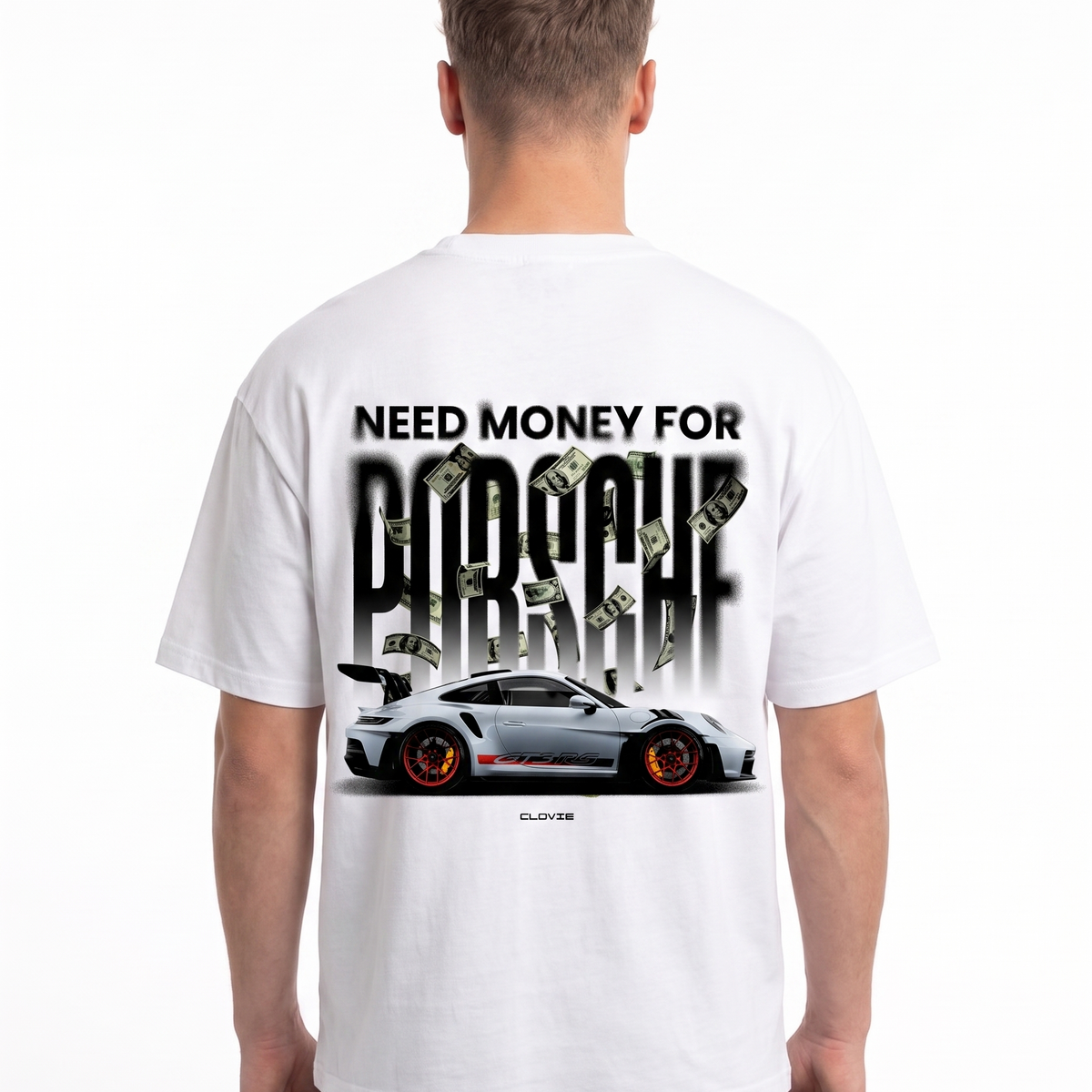 Need money for porsche Oversized Tee White - model back print