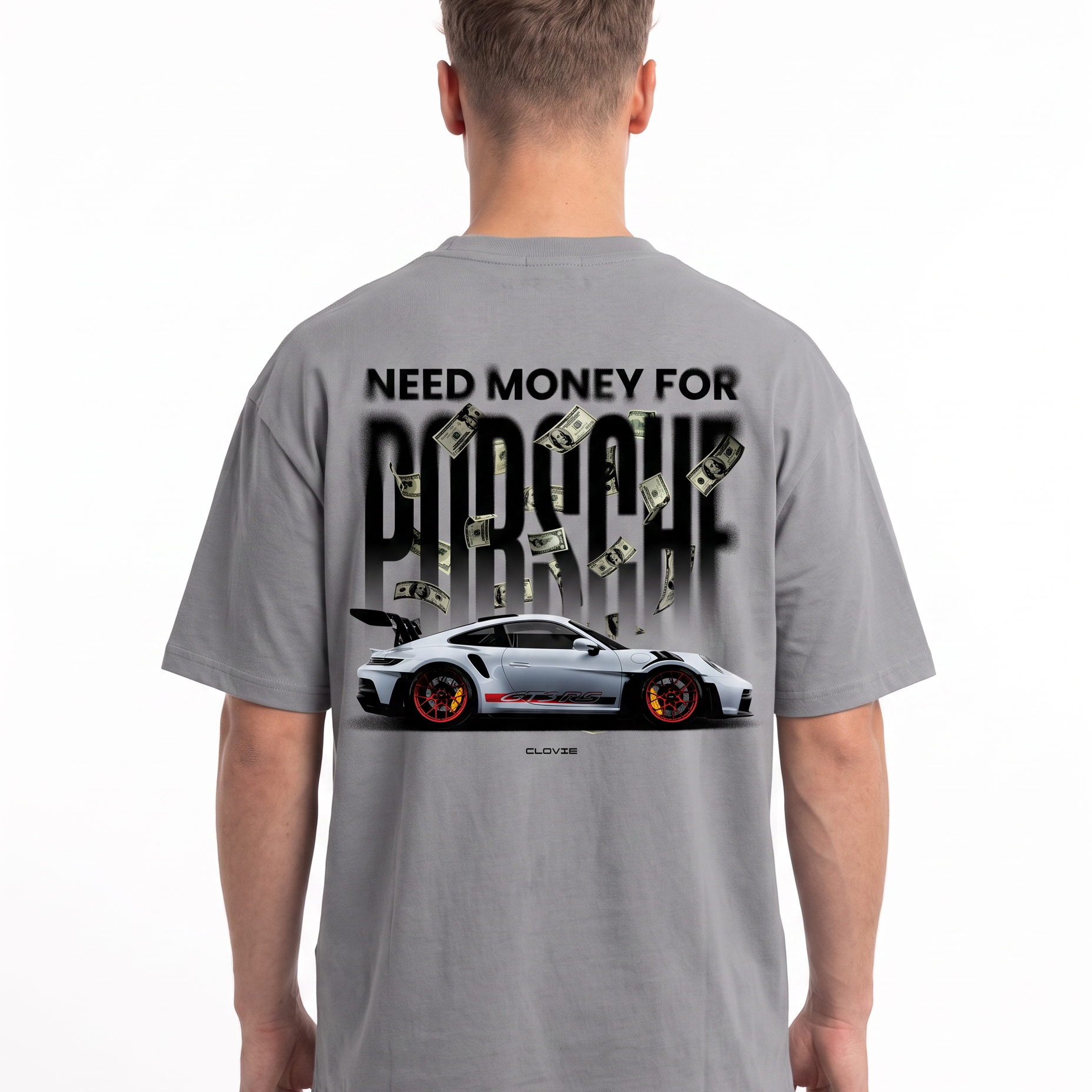 Need money for porsche Oversized Tee Grey - model back print