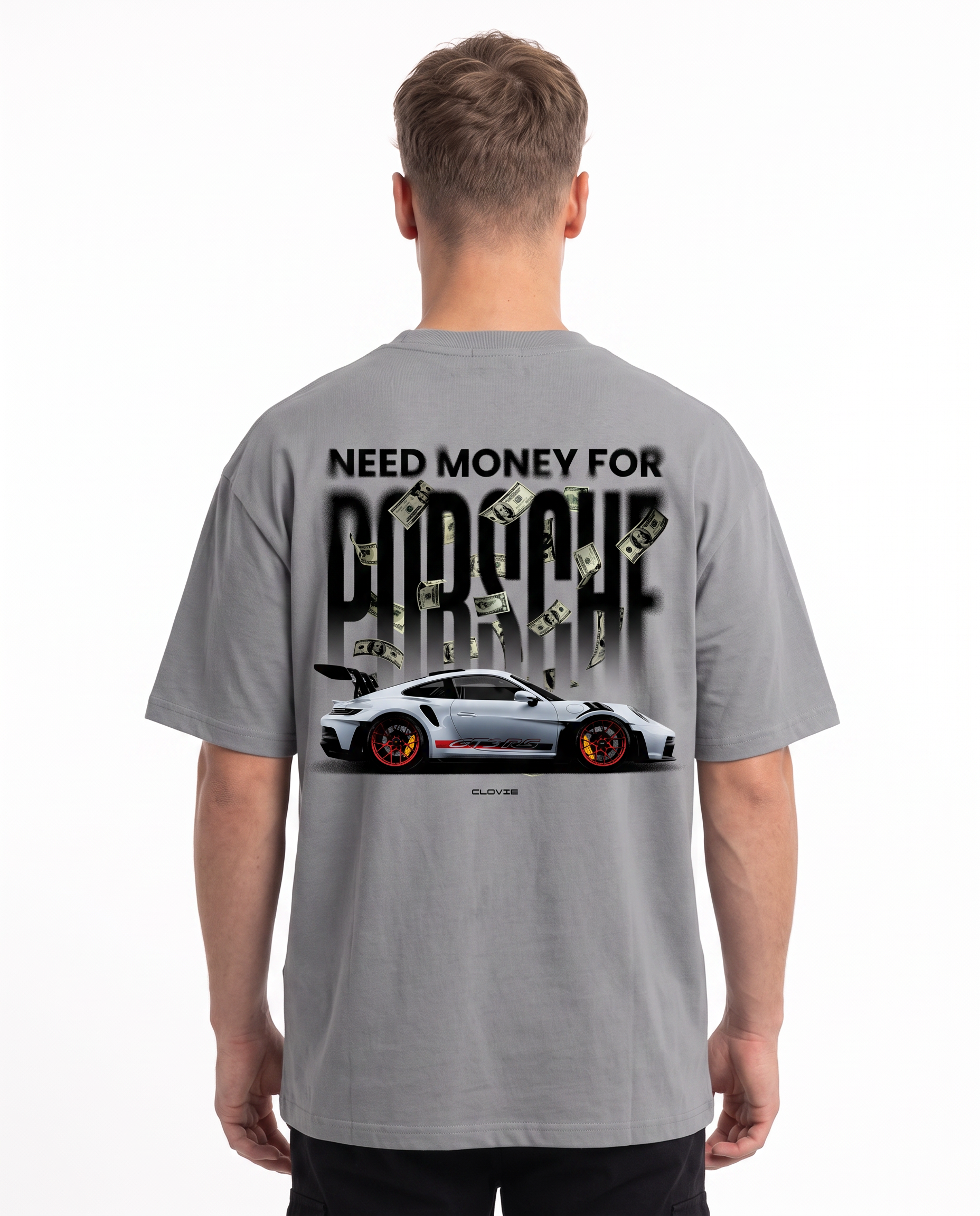 Need money for porsche Oversized Tee Grey - model back print