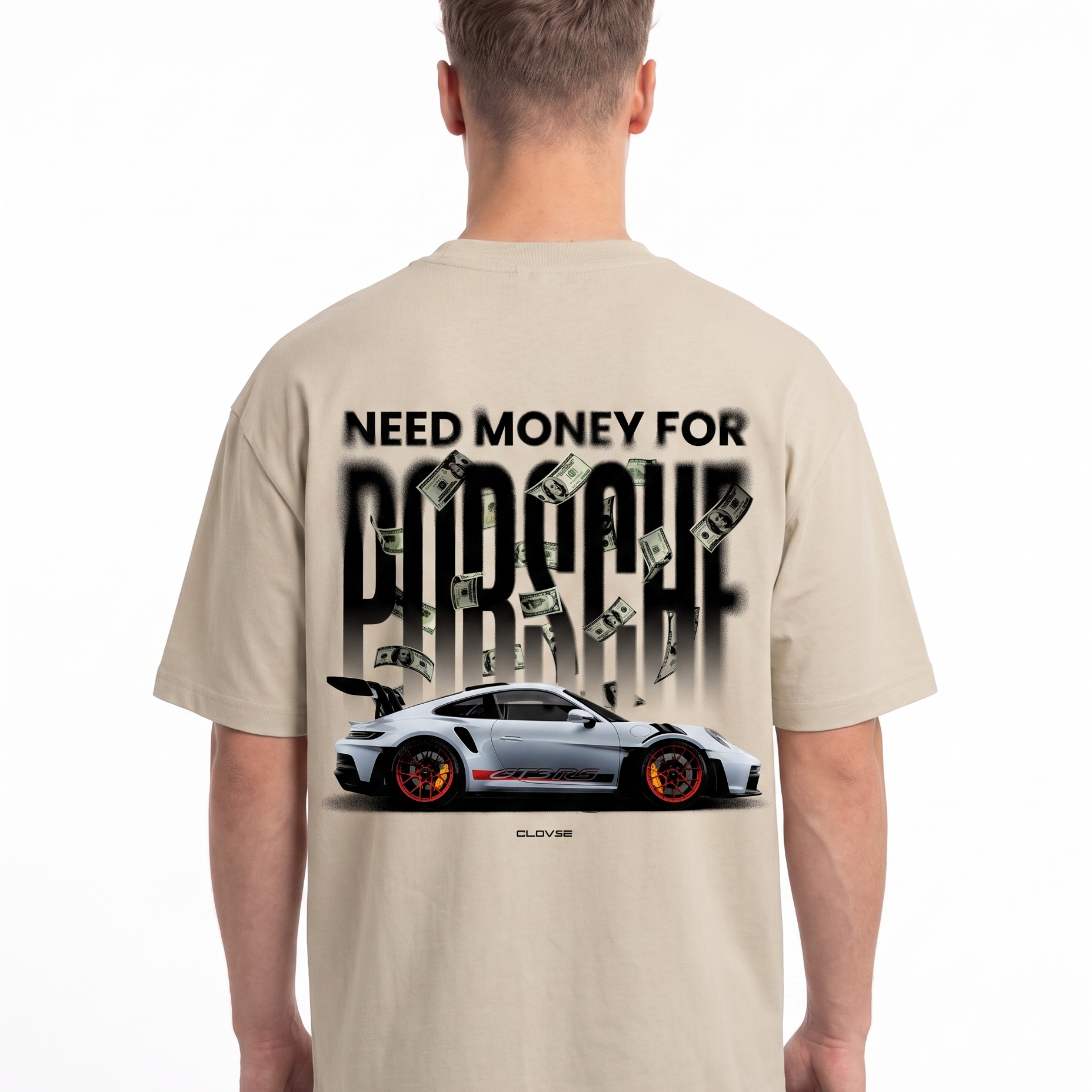 Need money for porsche Oversized Tee Sand - model back print