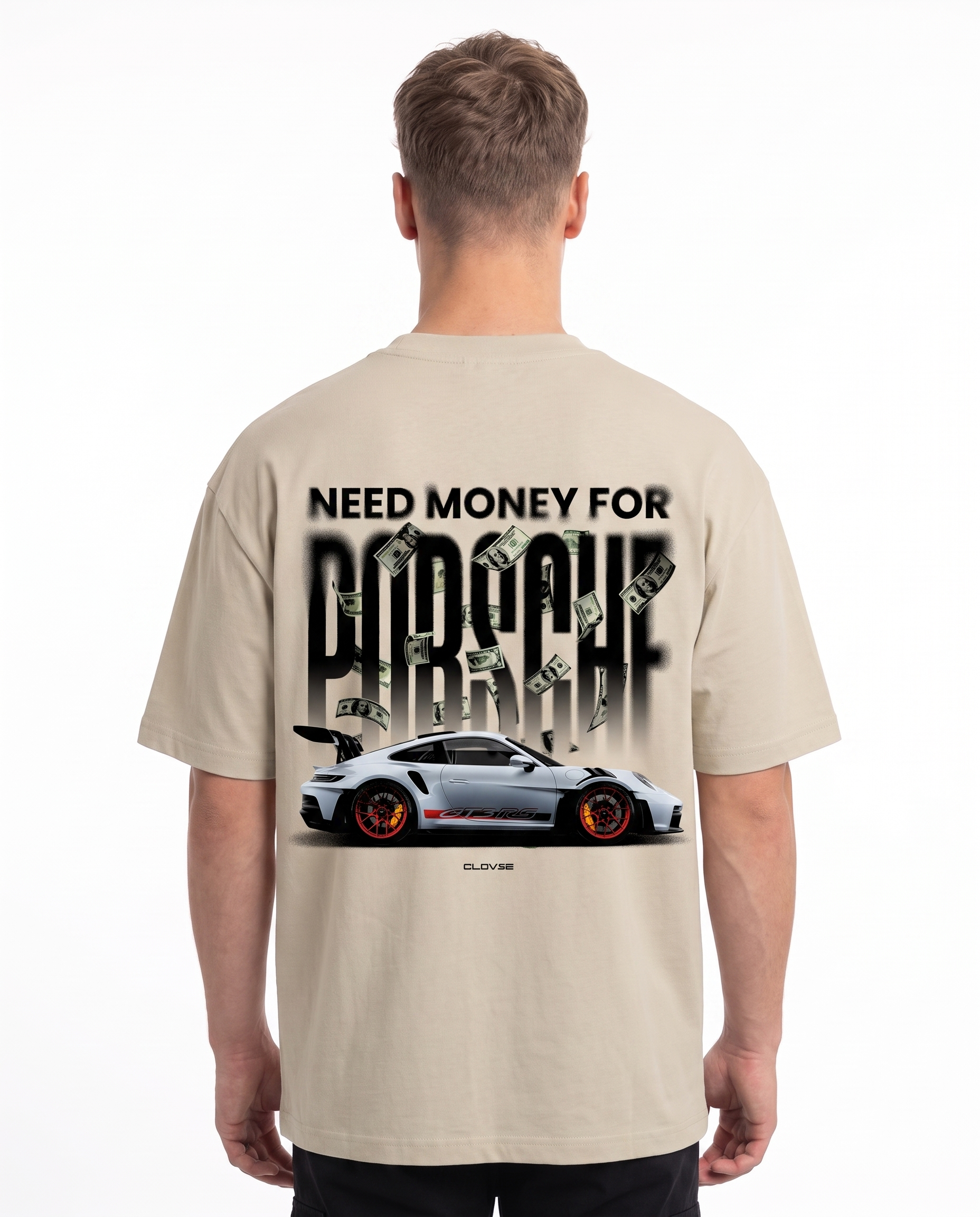 Need money for porsche Oversized Tee Sand - model back print