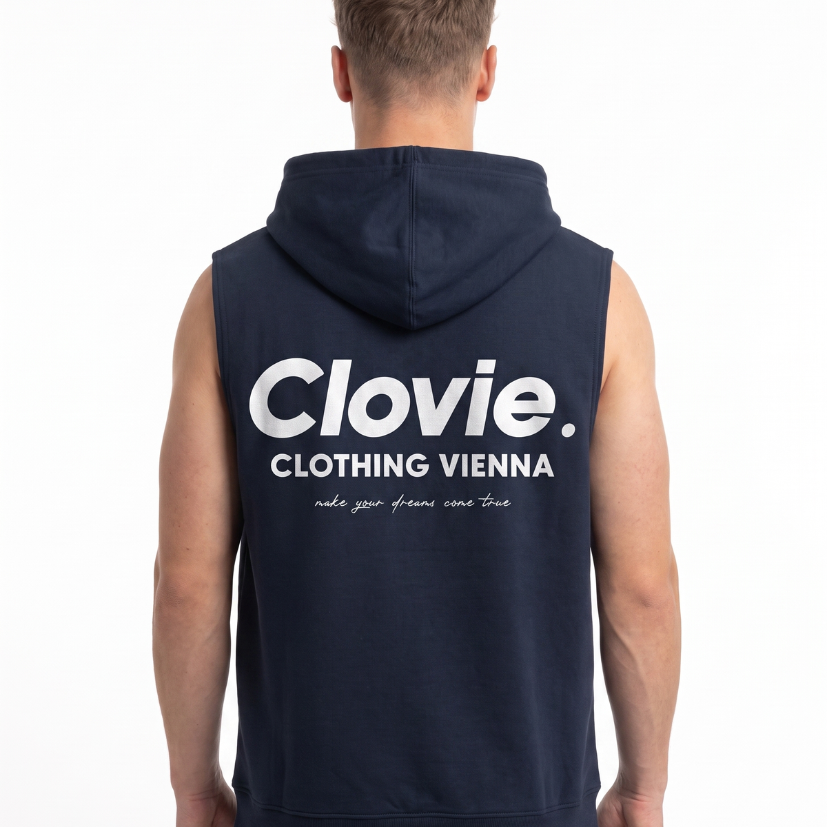Make your dreams come true Sleeveless Hoodie Navy - model back print