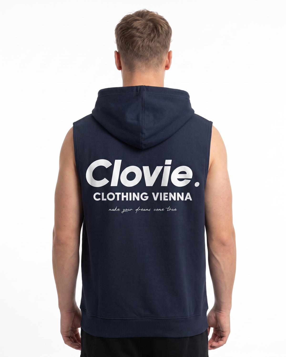 Make your dreams come true Sleeveless Hoodie Navy - model back print