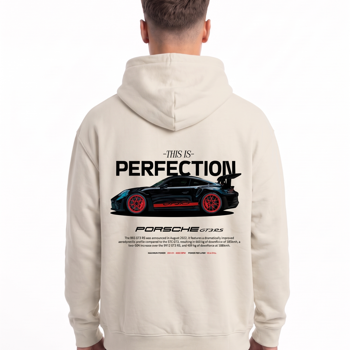 Porsche GT3 RS Oversized Hoodie White Sand – Rückseite