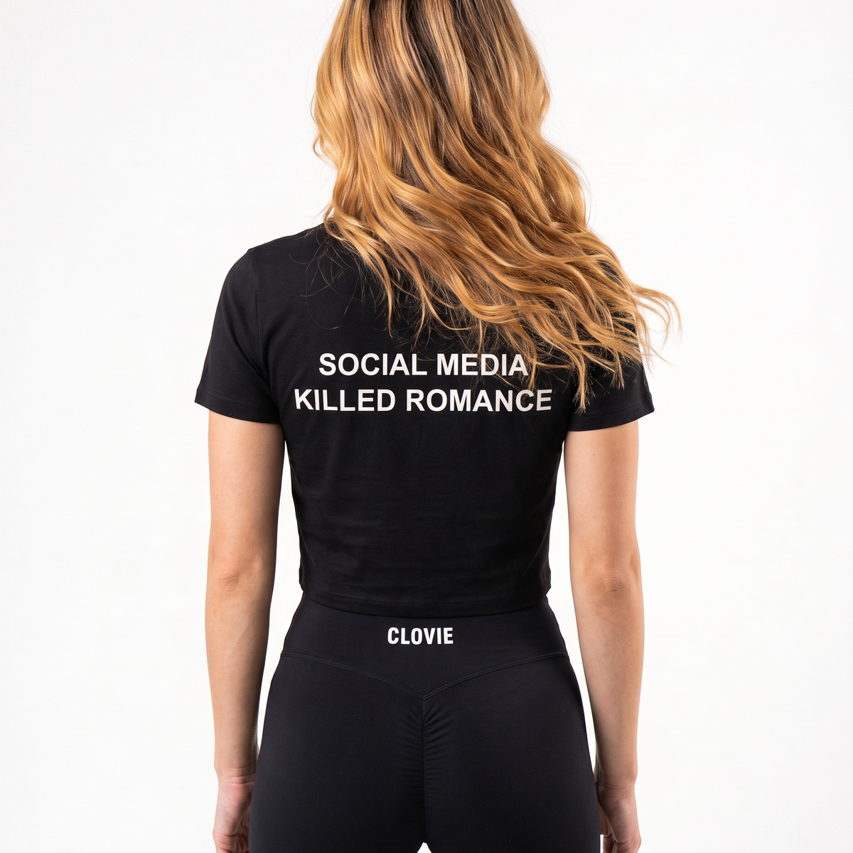 Social media killed romance Cropped Tee Black - female model back print