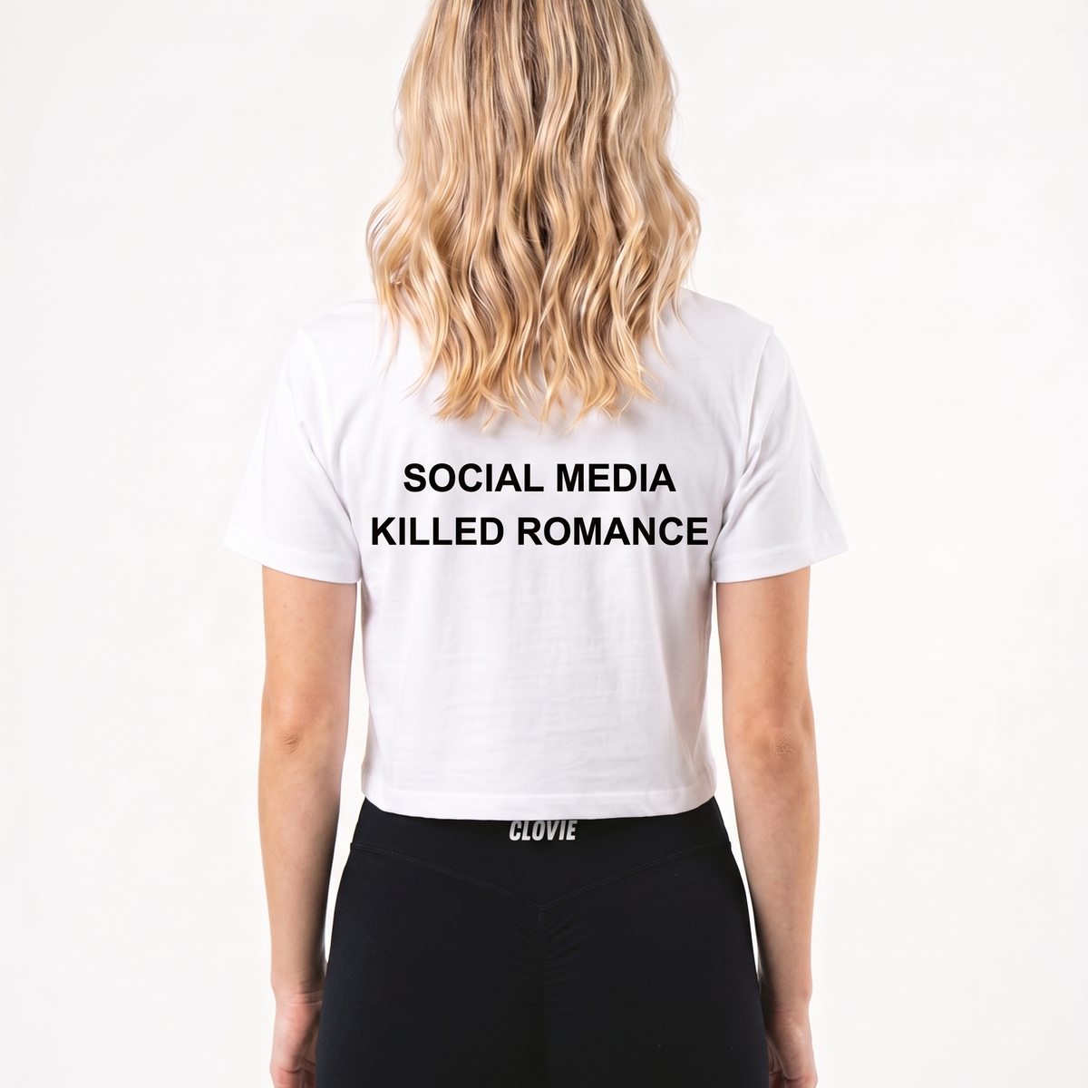Social media killed romance Cropped Tee White - female model back print