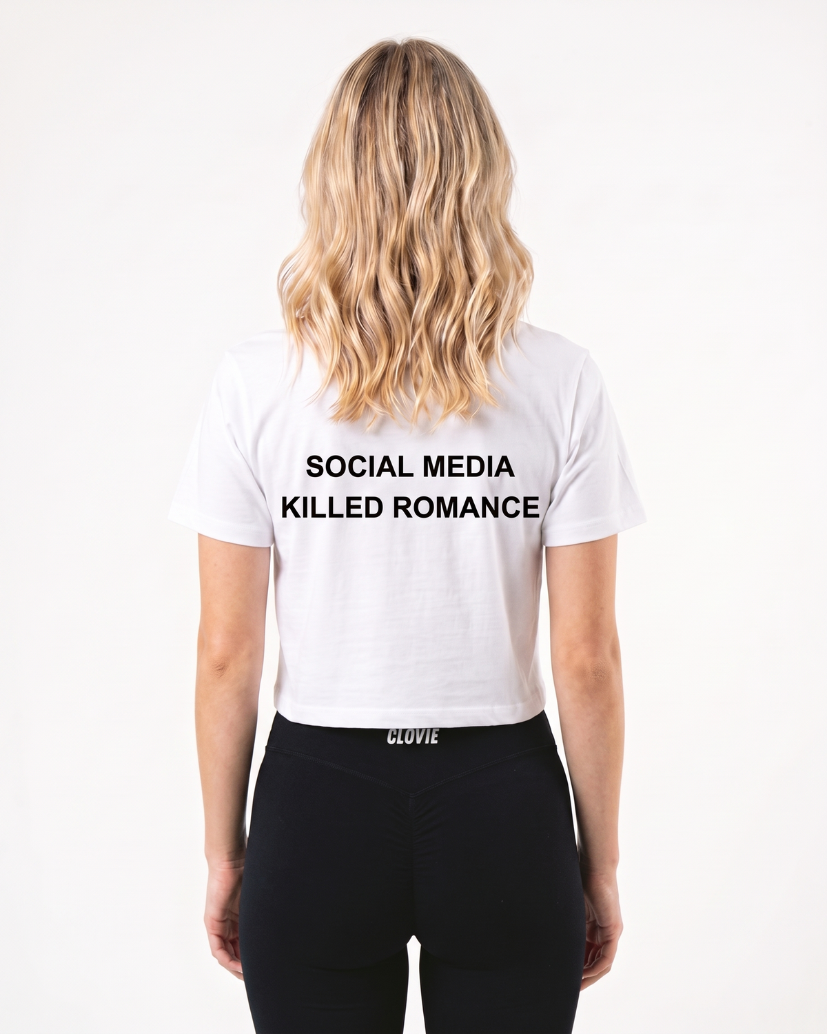 Social media killed romance Cropped Tee White - female model back print