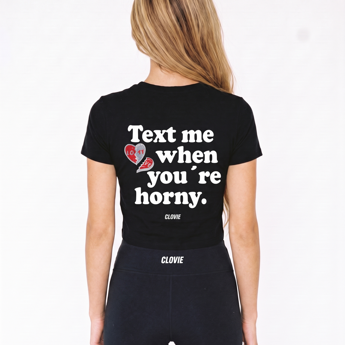 Text me Cropped Tee Black - female model back print